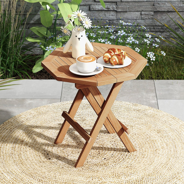 Teak Wood Octagon Coffee Table with X-shaped Legs and Slatted Tabletop