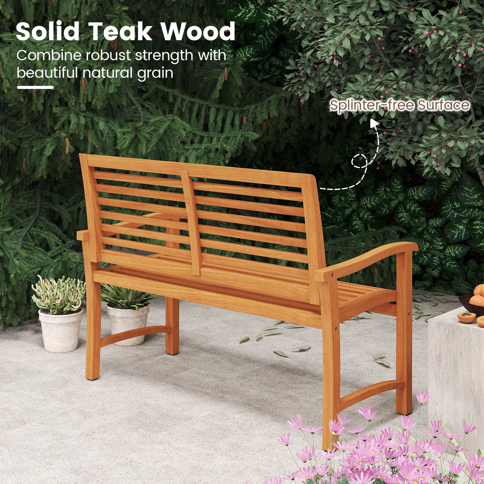 Banc de jardin extérieur en bois de teck avec dossier et assise à lattes