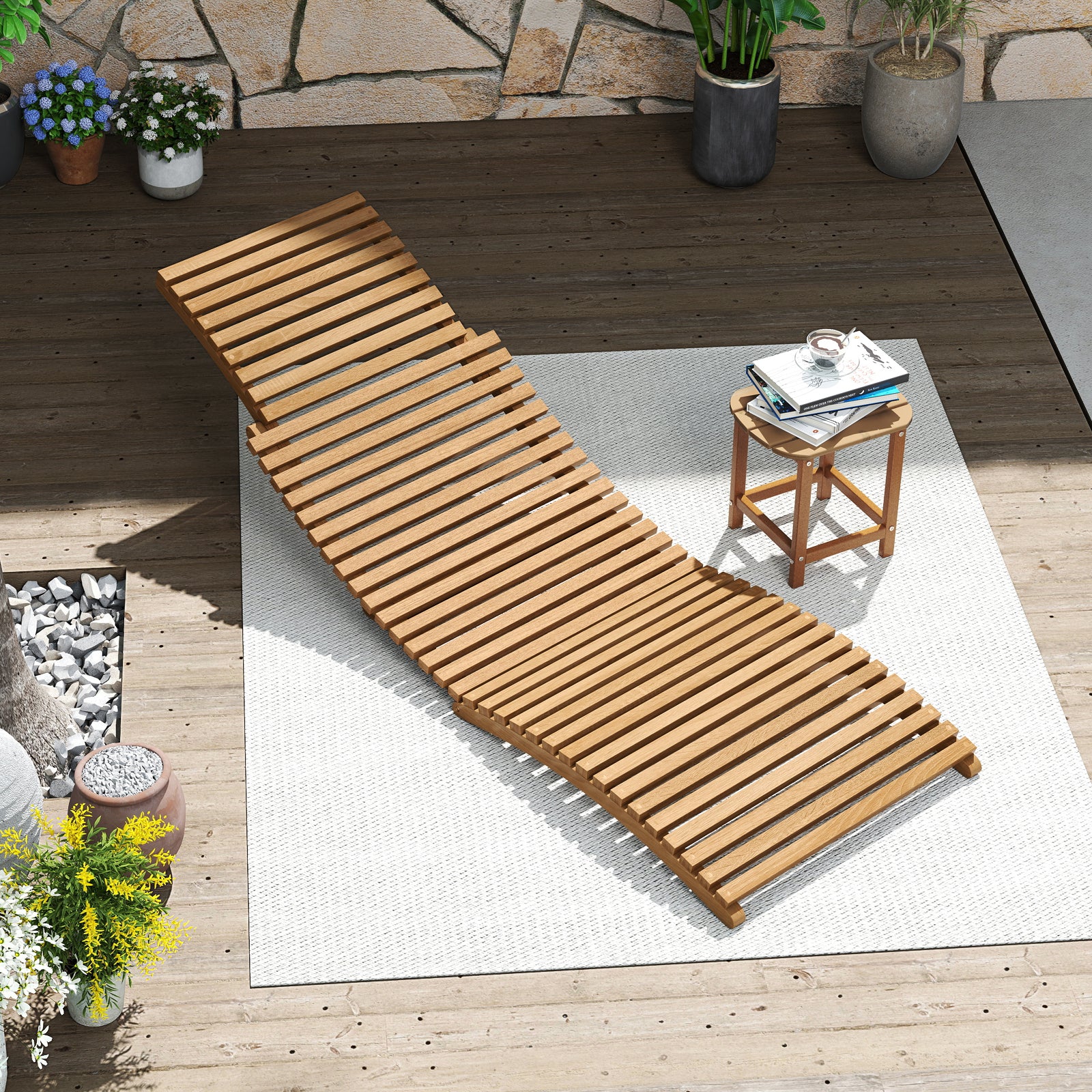 Teak Wood Patio Folding Chaise Lounge Chair with Slatted Seat-1