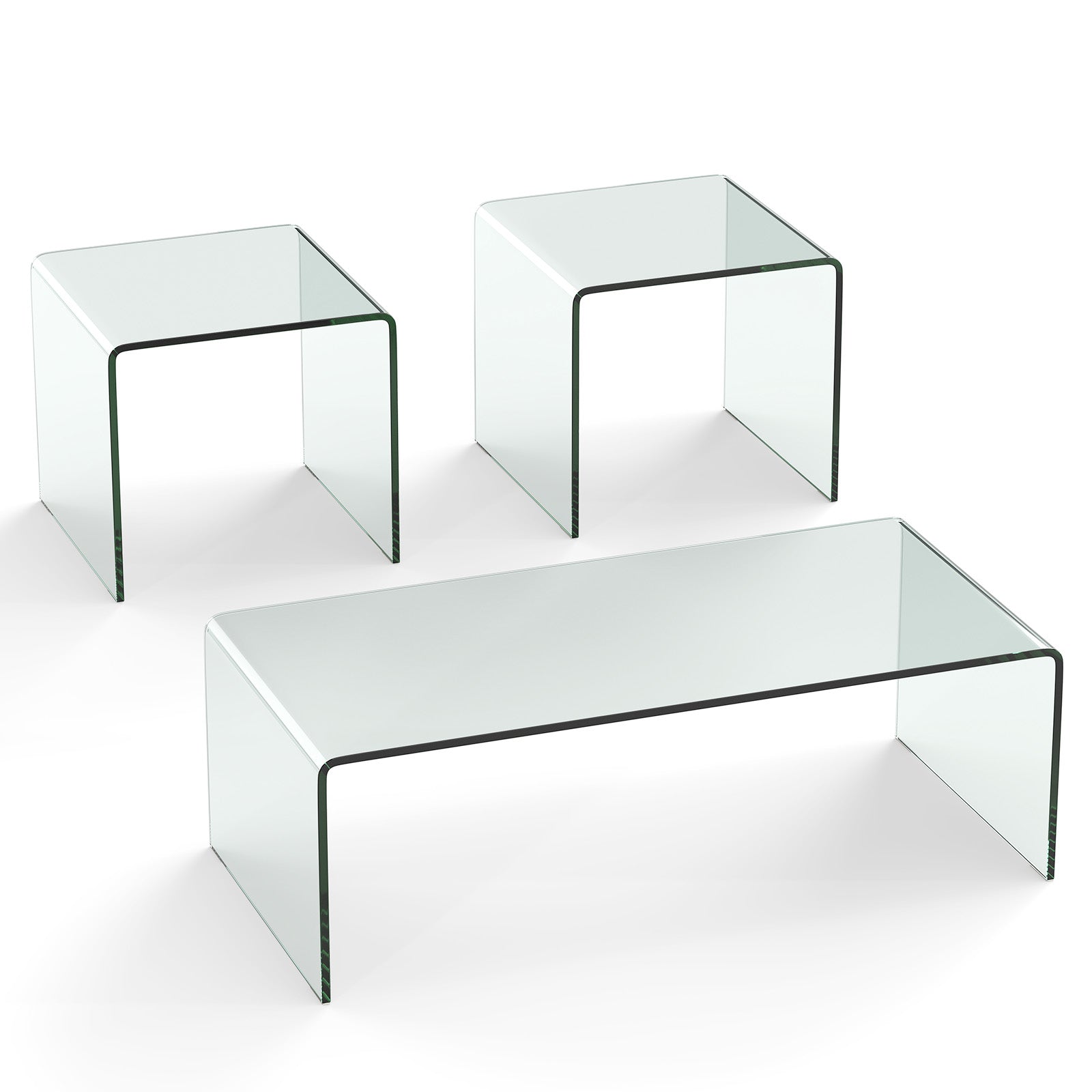 Tempered Glass Coffee Table Set of 3 with 1 Clear Coffee Table and 2 End Tables