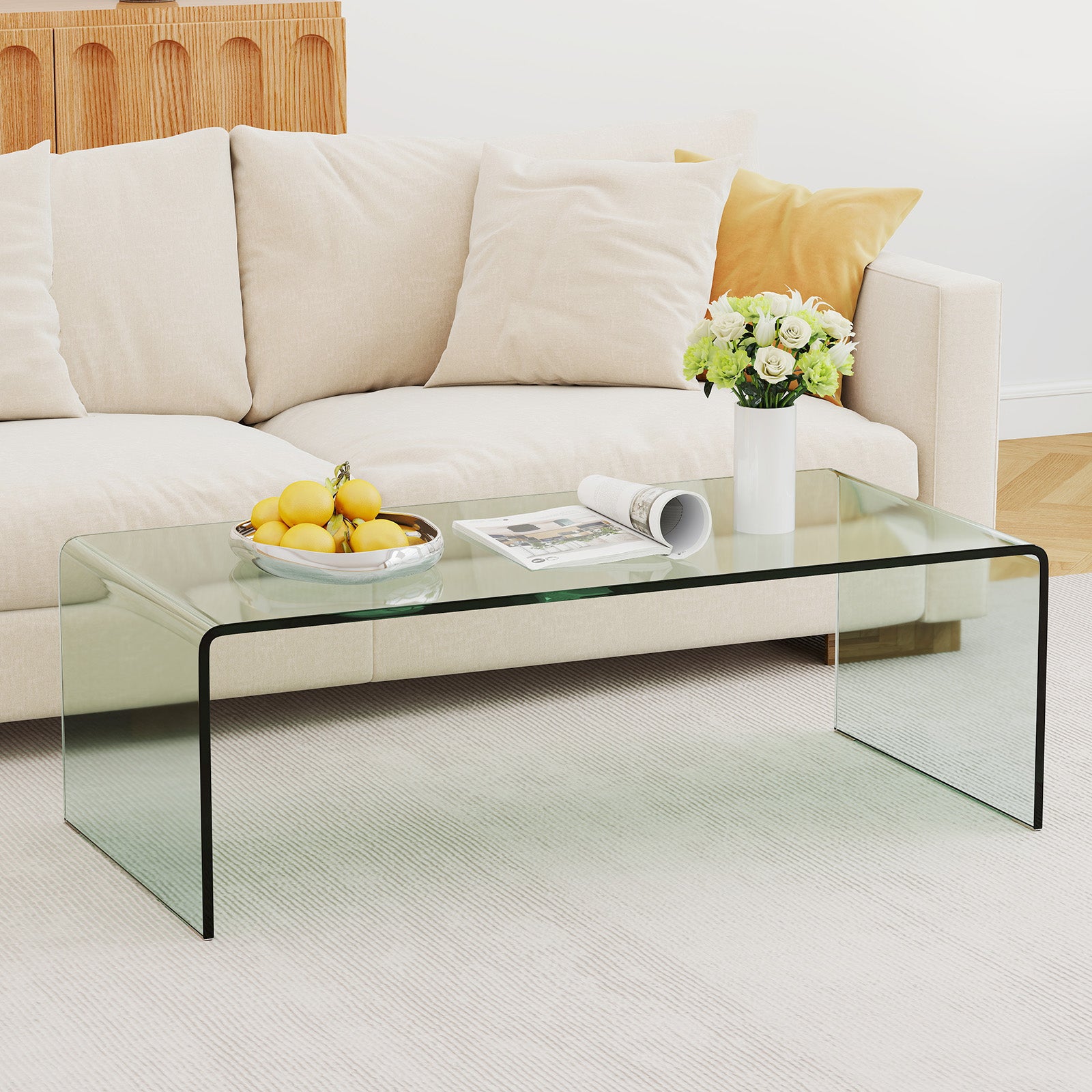 Tempered Glass Coffee Table Set of 3 with 1 Clear Coffee Table and 2 End Tables