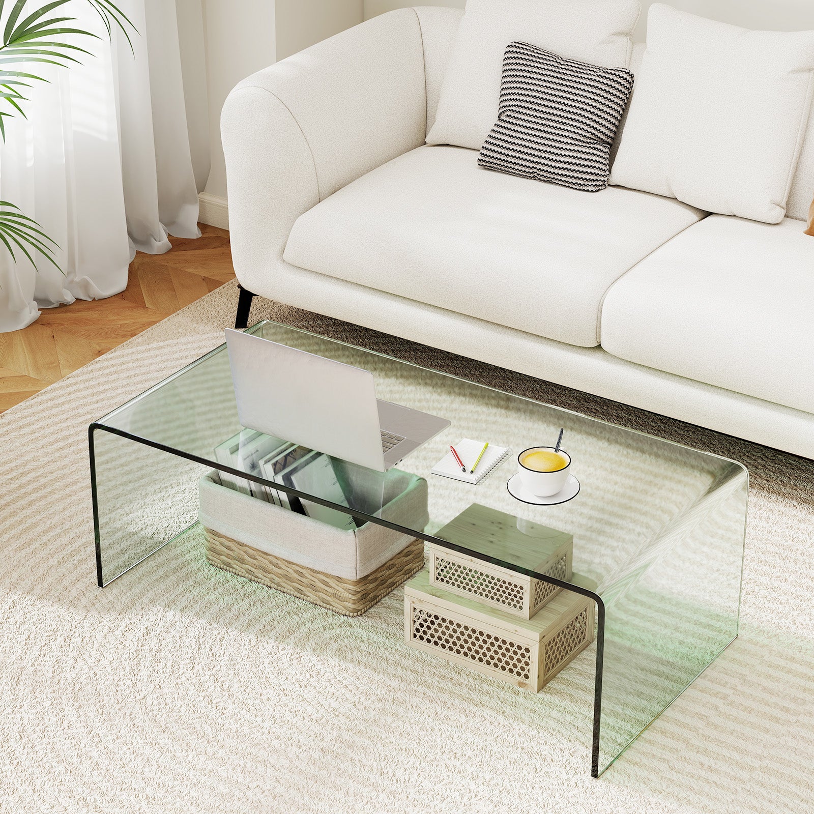 Tempered Glass Coffee Table Set of 3 with 1 Clear Coffee Table and 2 End Tables