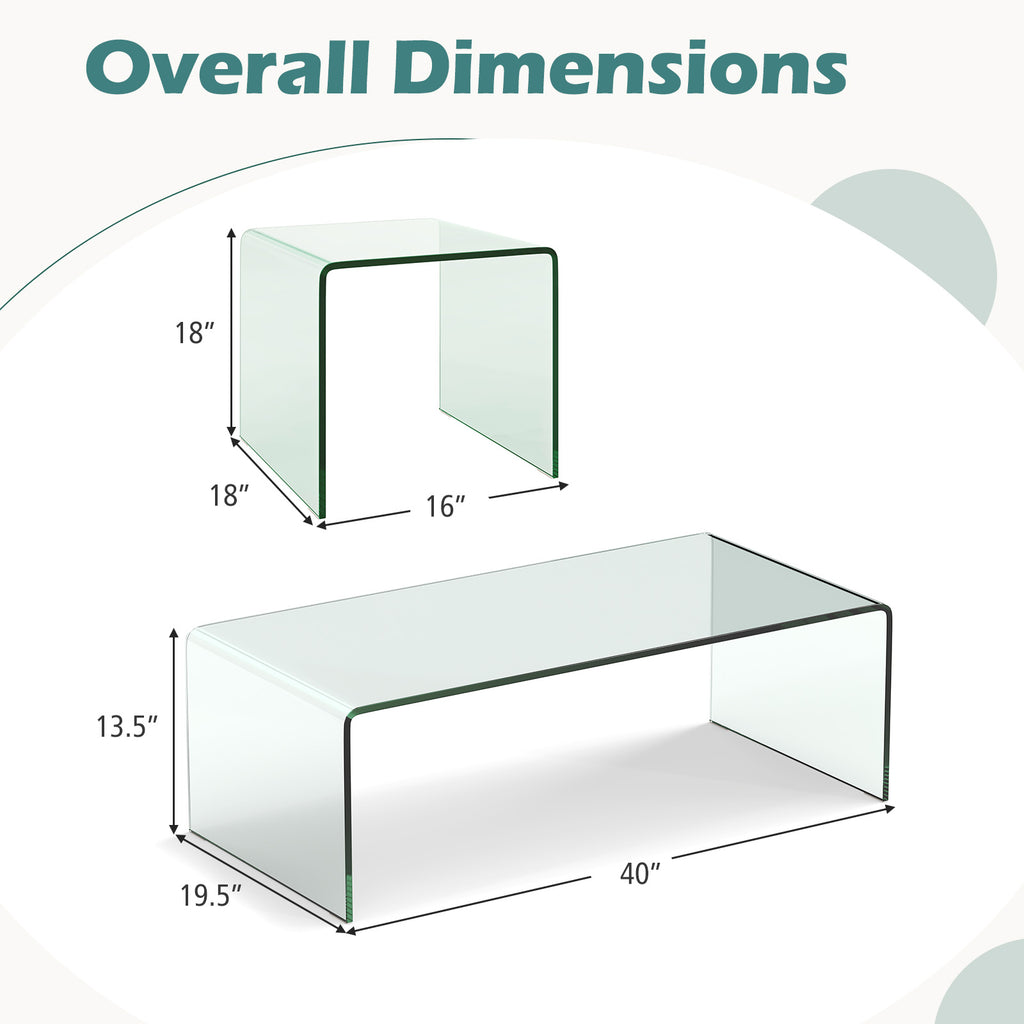 Tempered Glass Coffee Table Set of 3 with 1 Clear Coffee Table and 2 End Tables