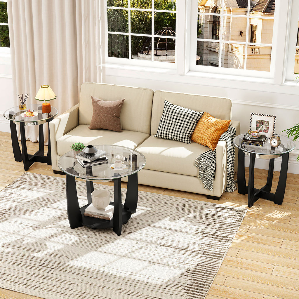 Tempered Glass Coffee Table Set of 3 for Living Room Bedroom-Black