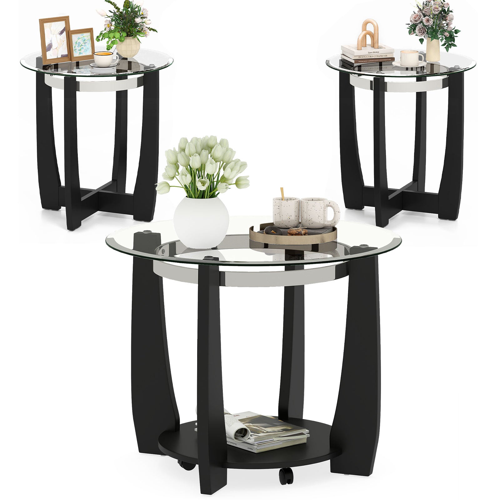 Tempered Glass Coffee Table Set of 3 for Living Room Bedroom-Black
