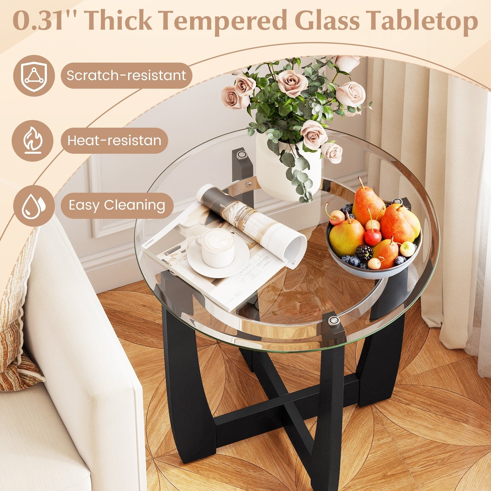 Tempered Glass Coffee Table Set of 3 for Living Room Bedroom-Black