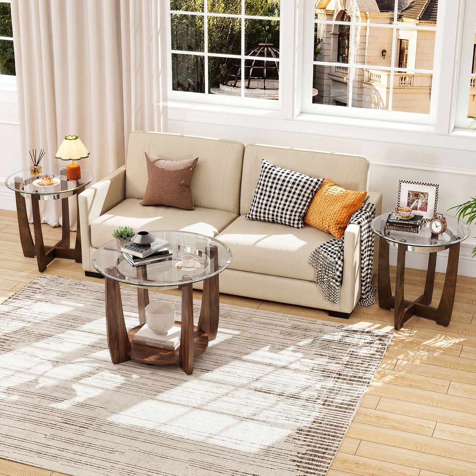 Tempered Glass Coffee Table Set of 3 for Living Room Bedroom-Walnut
