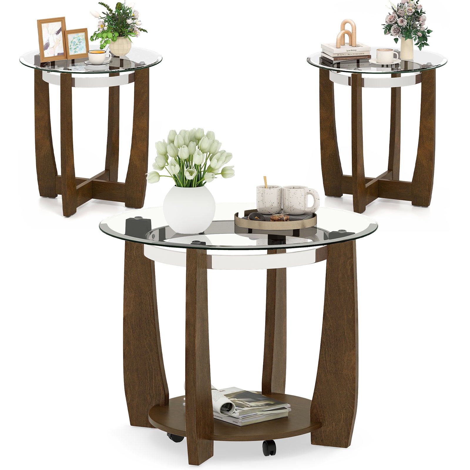 Tempered Glass Coffee Table Set of 3 for Living Room Bedroom-Walnut
