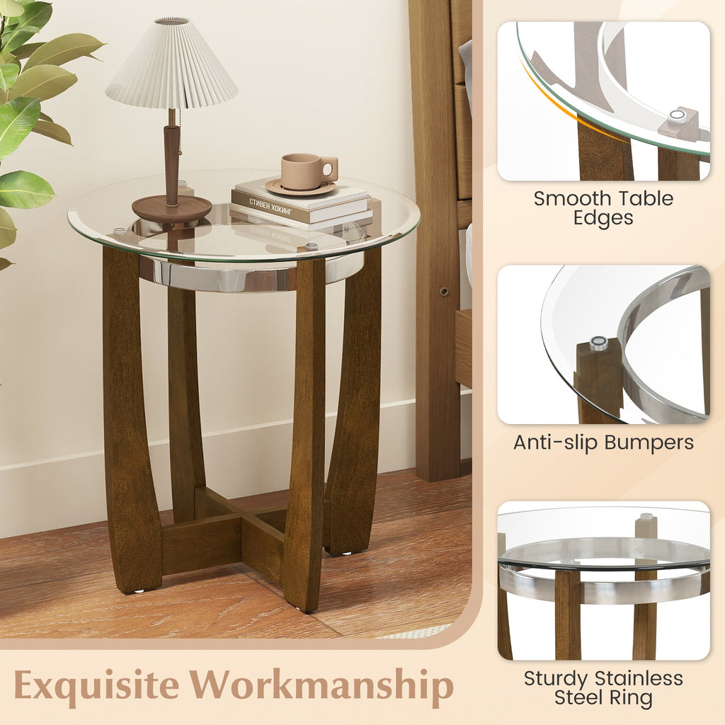 Tempered Glass Coffee Table Set of 3 for Living Room Bedroom-Walnut