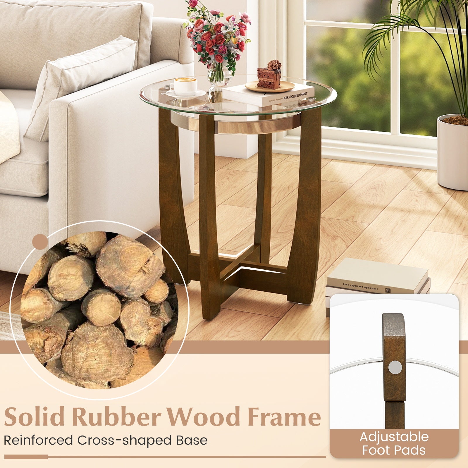 Tempered Glass Coffee Table Set of 3 for Living Room Bedroom-Walnut