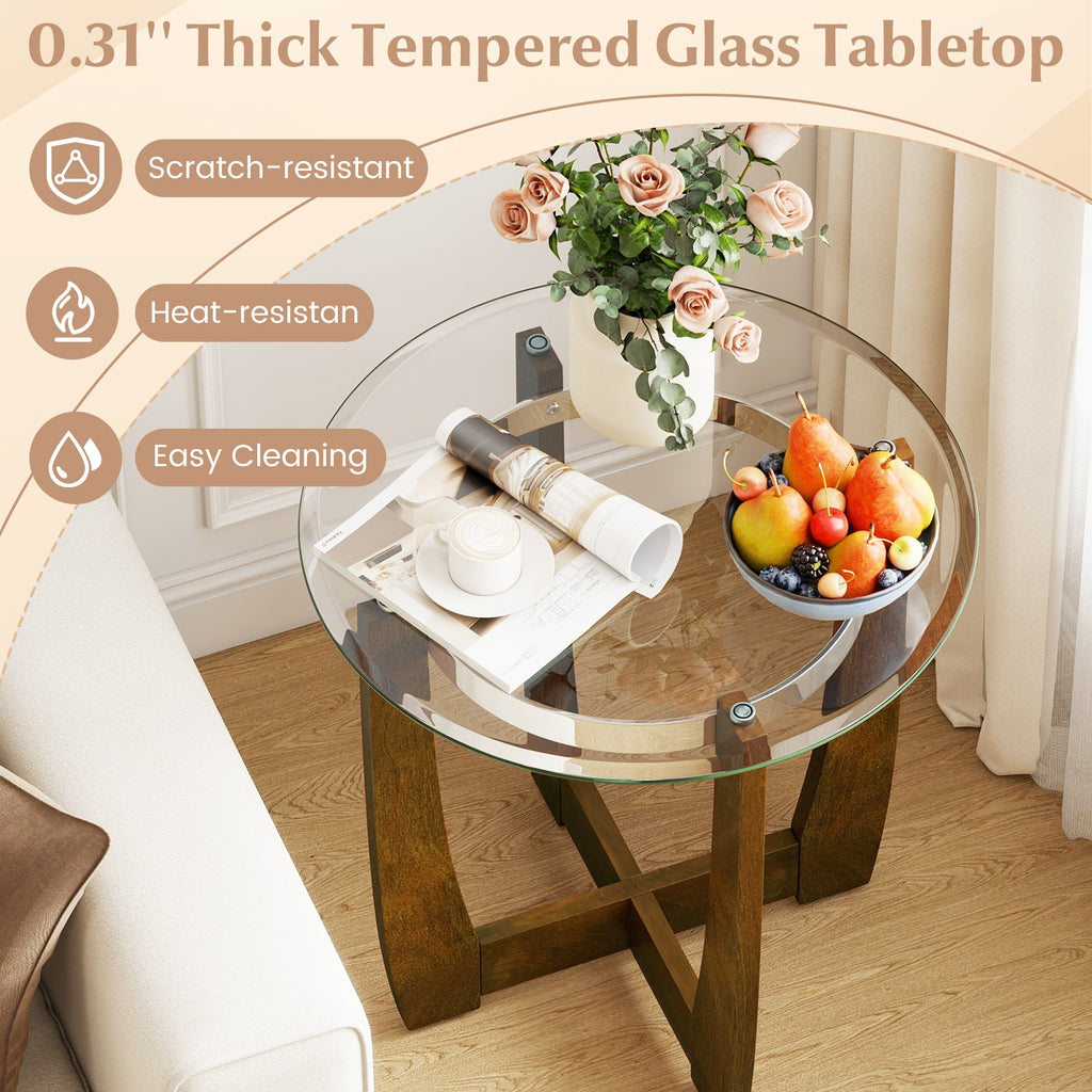 Tempered Glass Coffee Table Set of 3 for Living Room Bedroom-Walnut