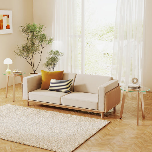 Tempered Glass End Table Round with Solid Rubber Wood Structure-Set of 2