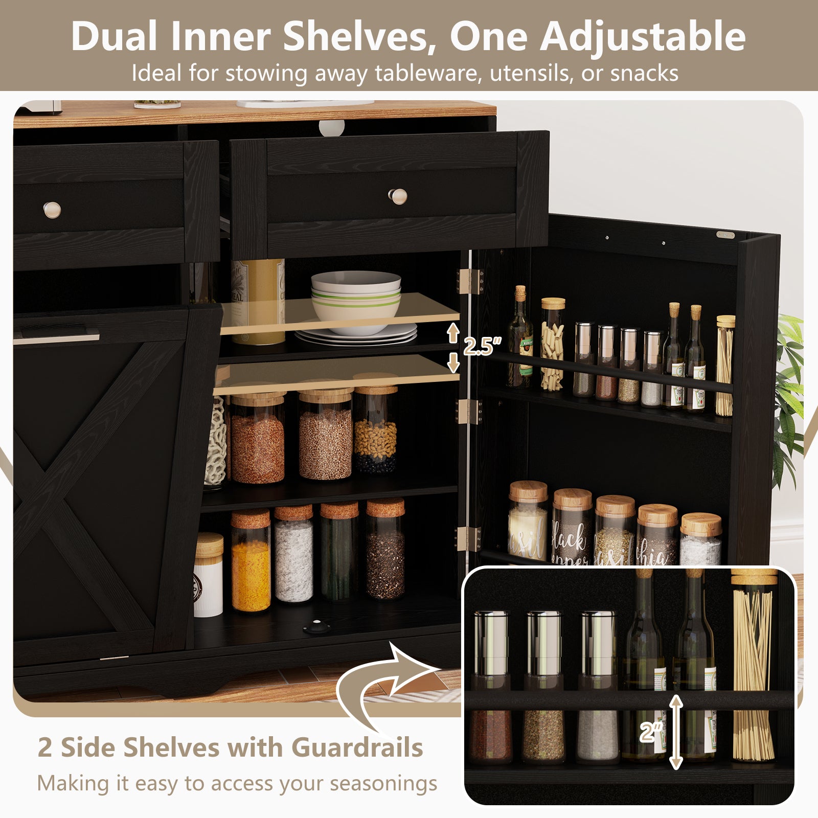Tilt Out Trash Can Cabinet with Outlets and Adjustable Shelf-Black