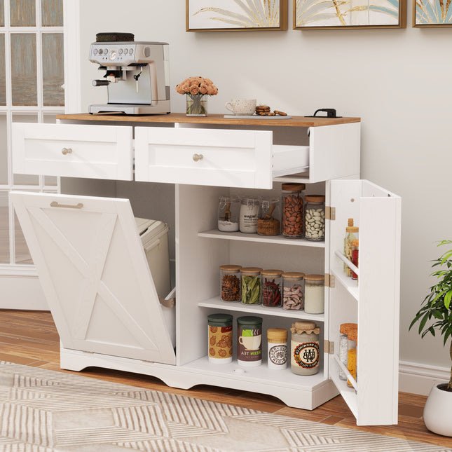 Tilt Out Trash Can Cabinet with Outlets and Adjustable Shelf-White