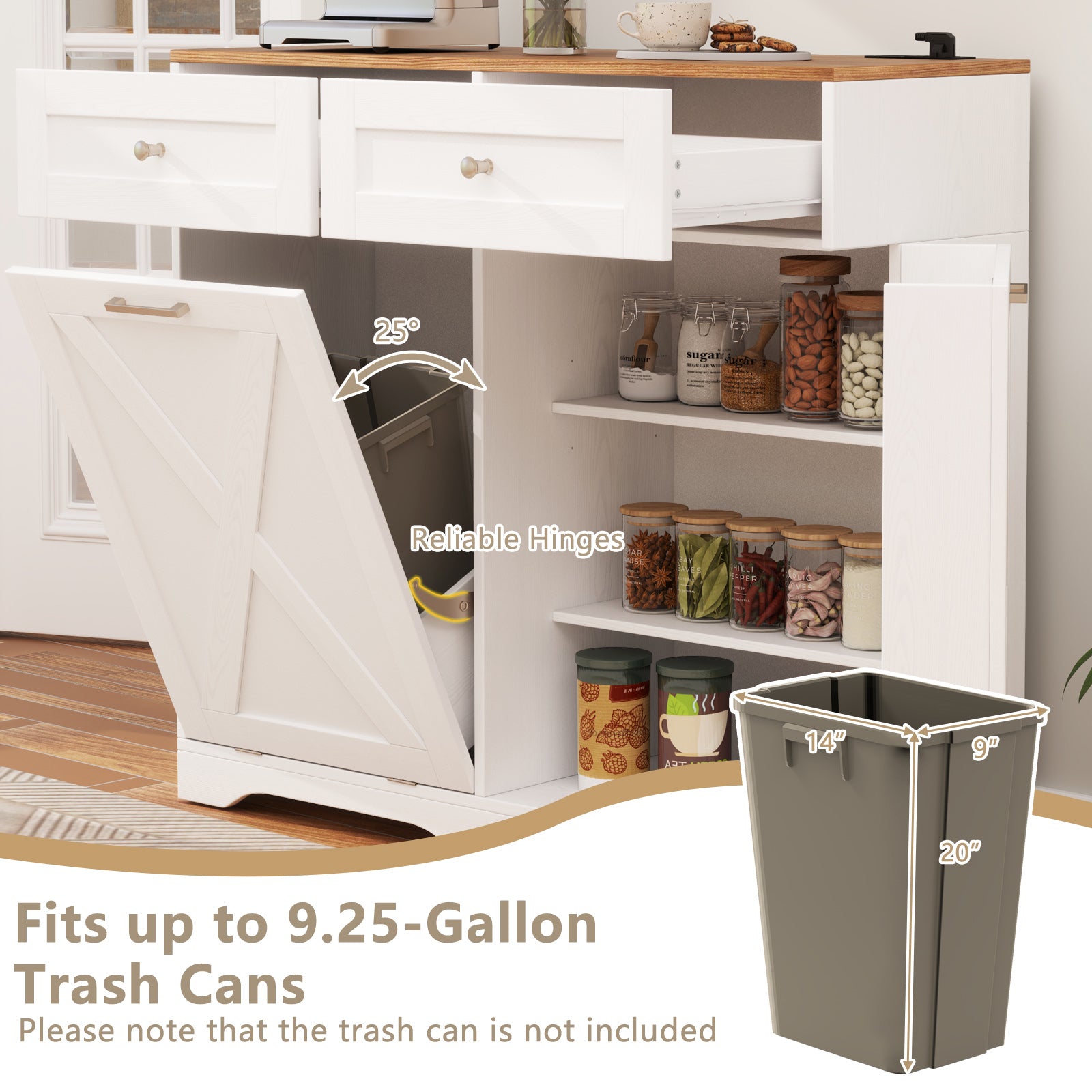 Tilt Out Trash Can Cabinet with Outlets and Adjustable Shelf-White
