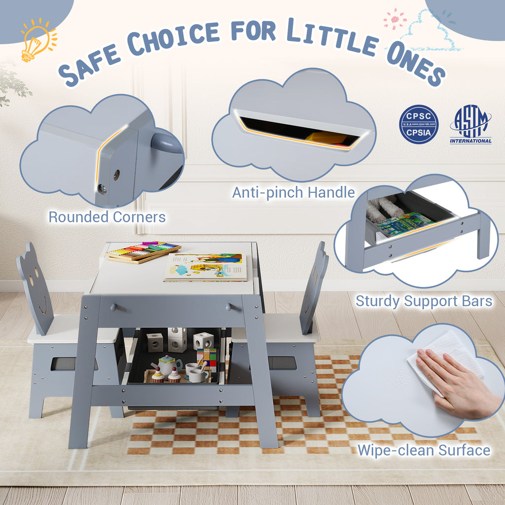 Toddler Table and 2 Chairs 5-in-1 Cute Art Desk Set with Reversible Chalkboard Whiteboard-Grey
