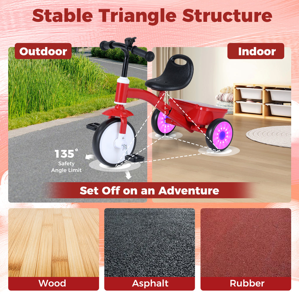 Toddler Tricycle with Glowing Wheels and 4-Level Adjustable Seat