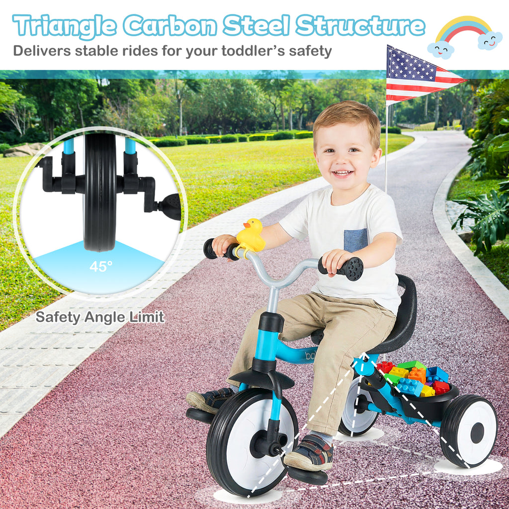 Toddler Tricycle with 3-Position Seat and Storage Basket for Kids-Blue