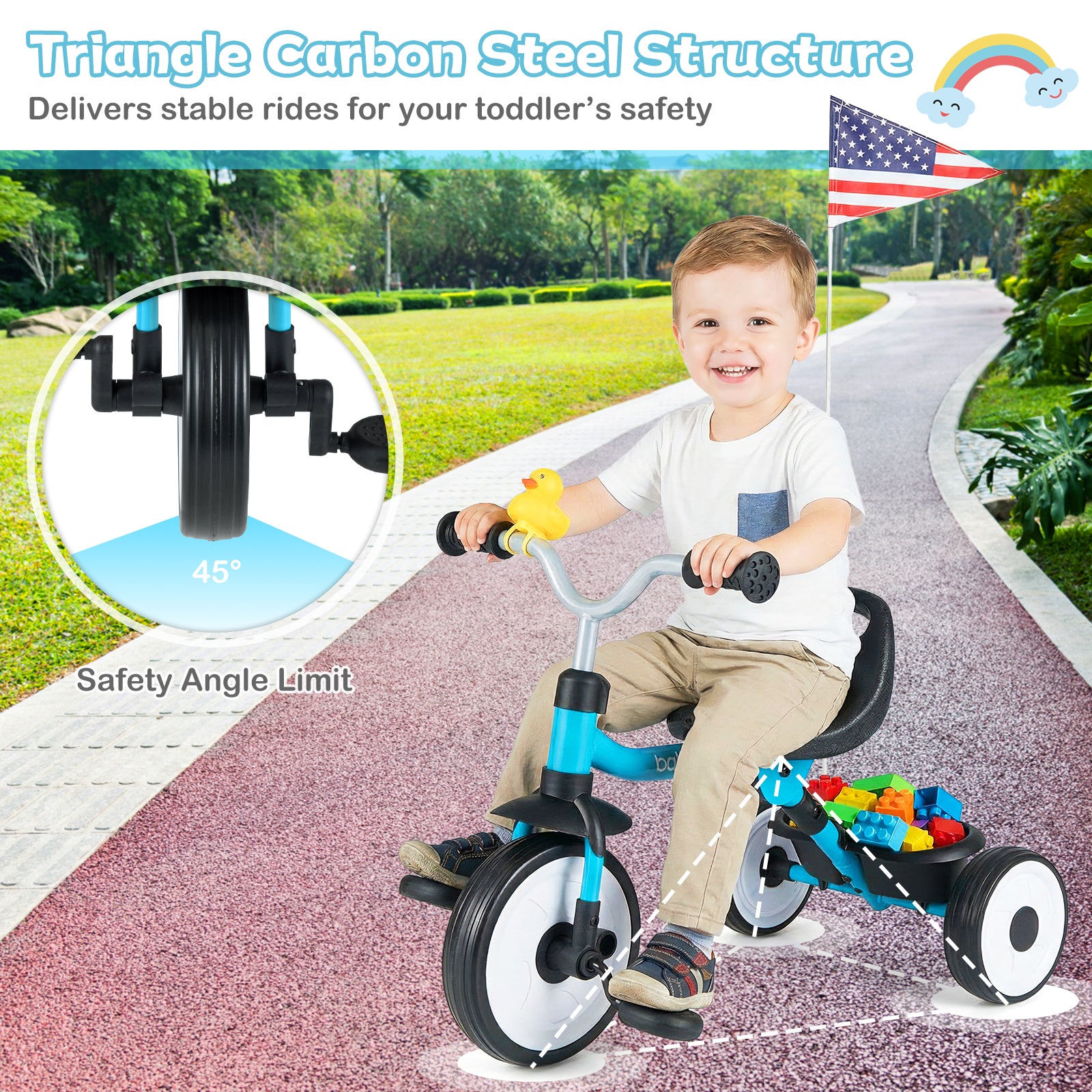 Toddler Tricycle with 3-Position Seat and Storage Basket for Kids-Blue