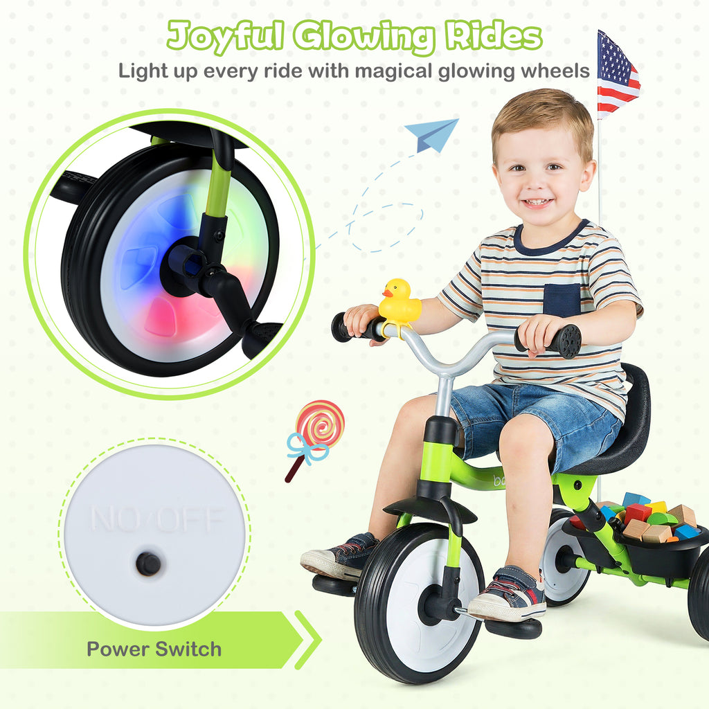 Toddler Tricycle with 3-Position Seat and Storage Basket for Kids-Green