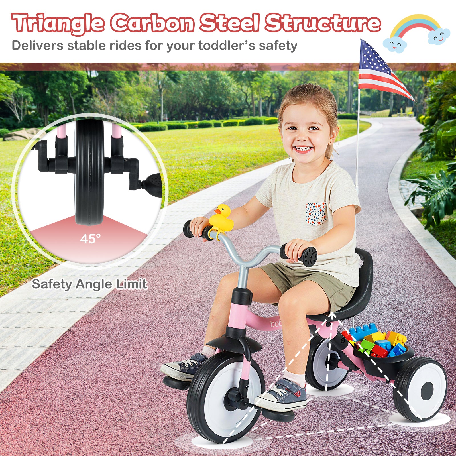 Toddler Tricycle with 3-Position Seat and Storage Basket for Kids-Pink