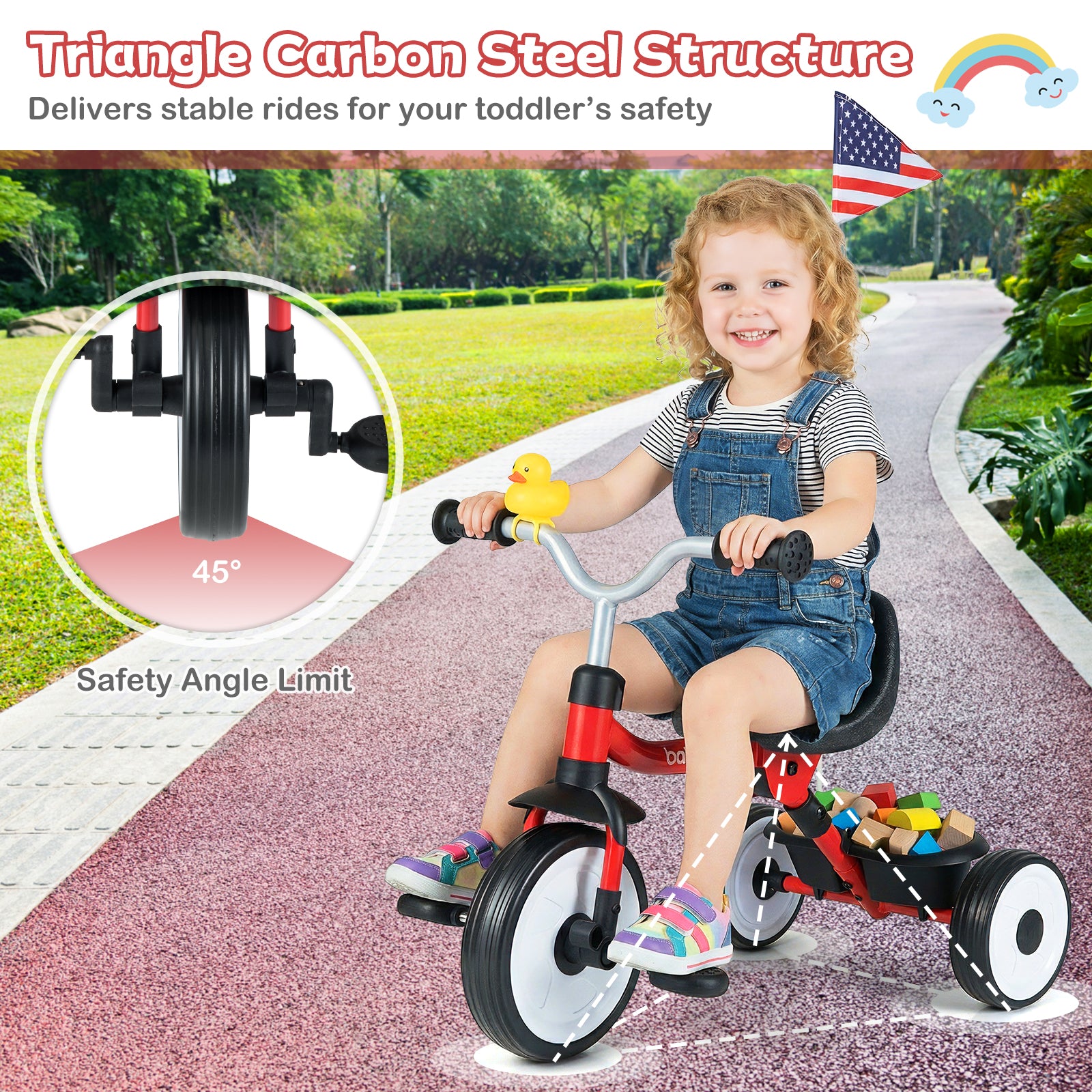 Toddler Tricycle with 3-Position Seat and Storage Basket for Kids-Red