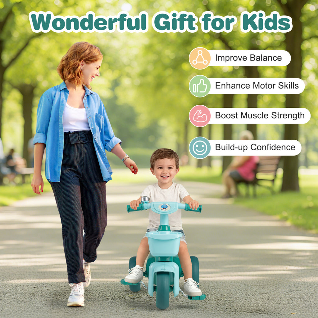 Toddler Tricycle with Limited Steering with Front Baskets and Bell-Green