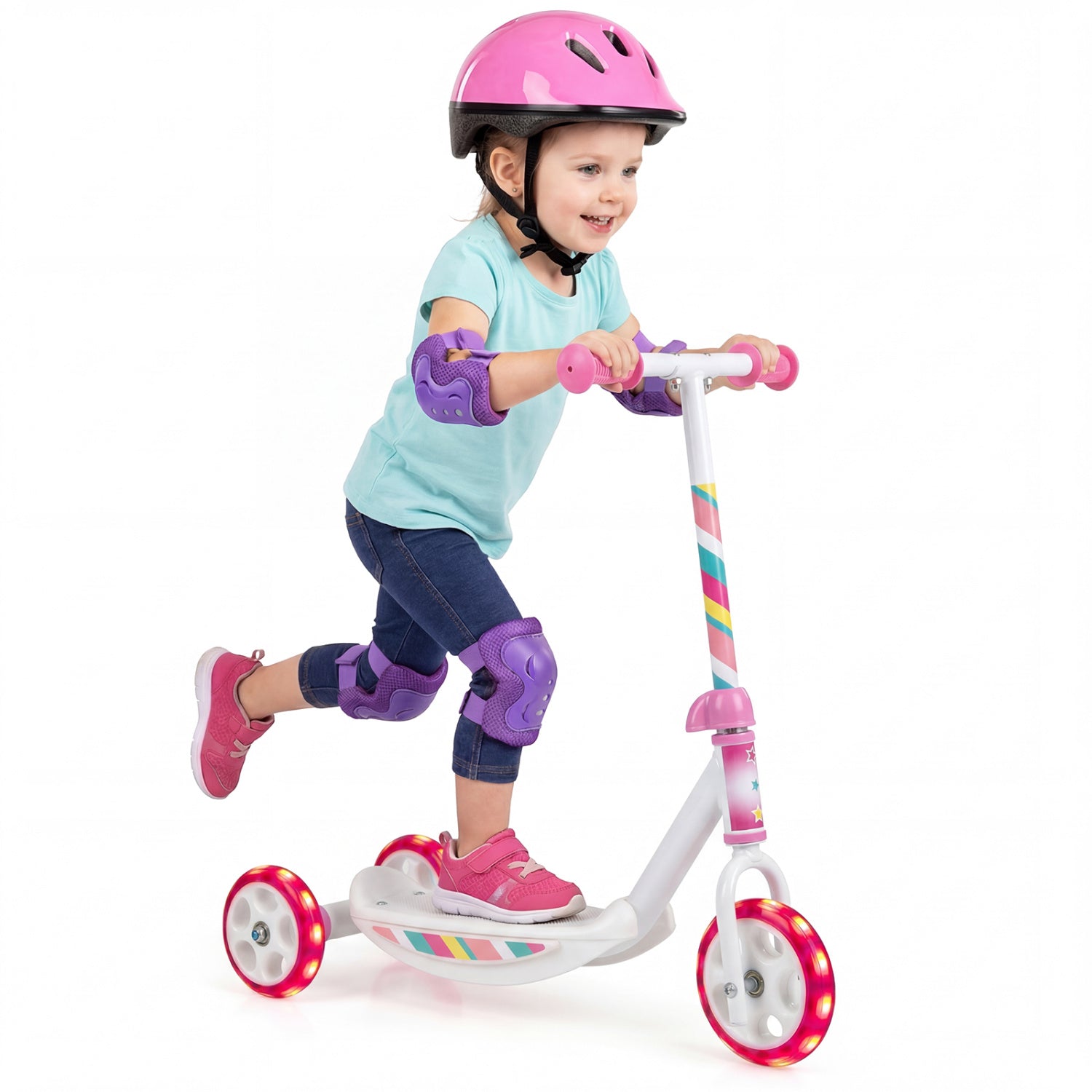 Toddlers Kick Scooter with LED Light-Up Wheels and Wide Anti-Slip Deck for Boys and Girls-Pink