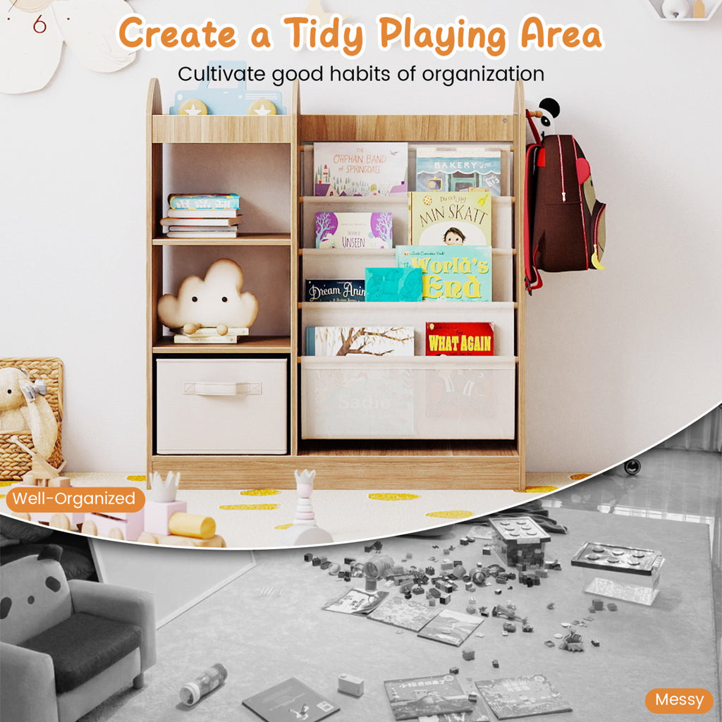 Toy Storage Organizer with 4-Tier Sling Shelves-Natural