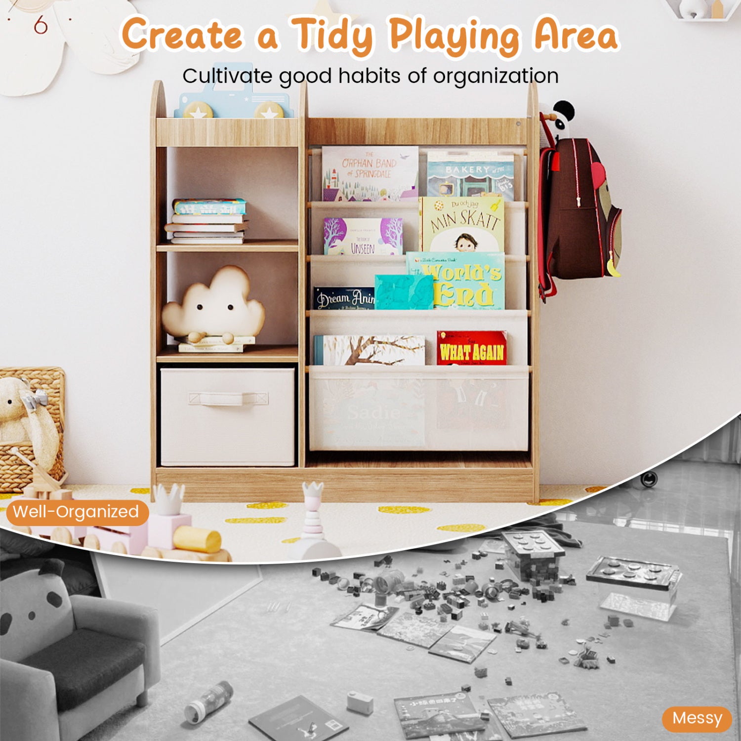 Toy Storage Organizer with 4-Tier Sling Shelves-Natural