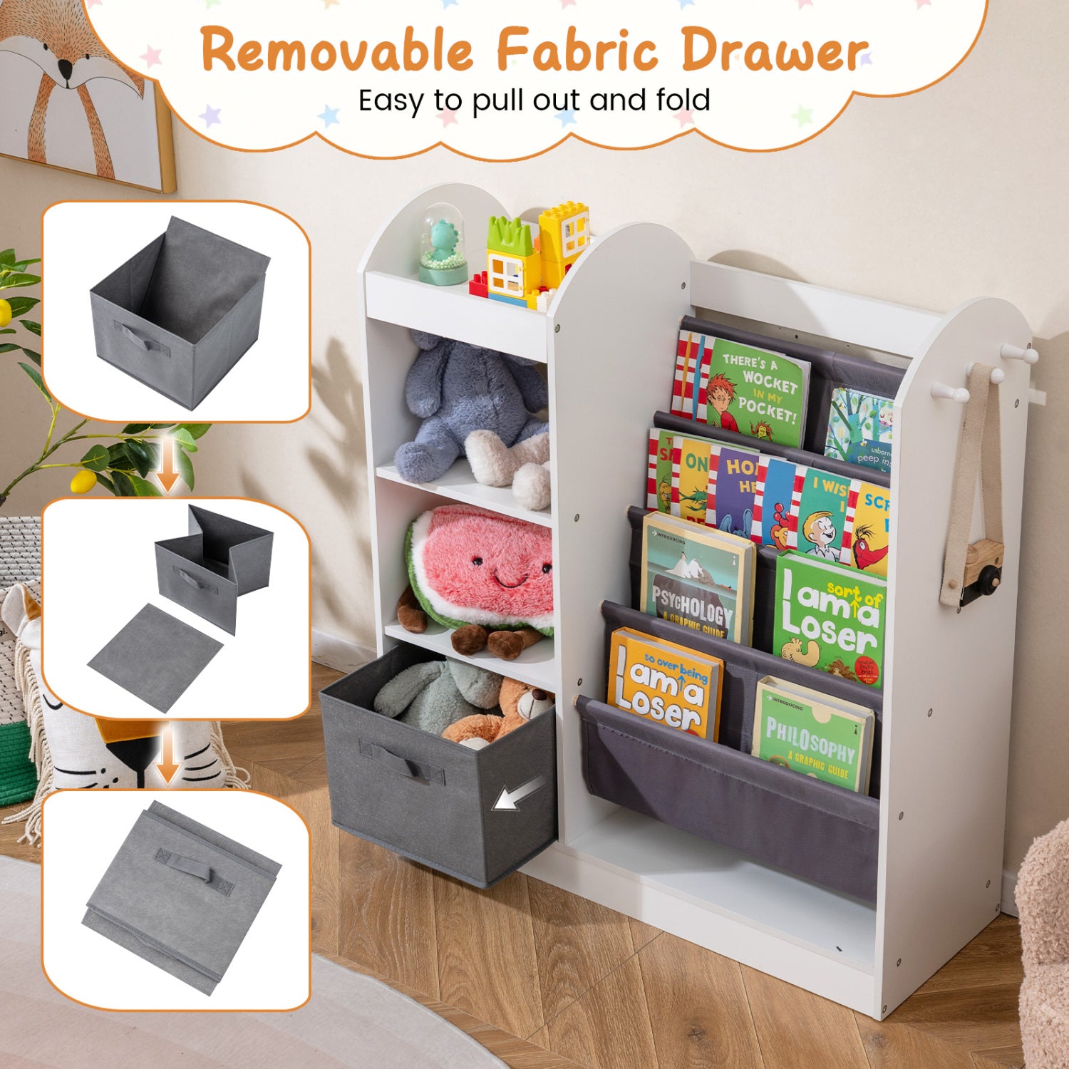 Toy Storage Organizer with 4-Tier Sling Shelves-White