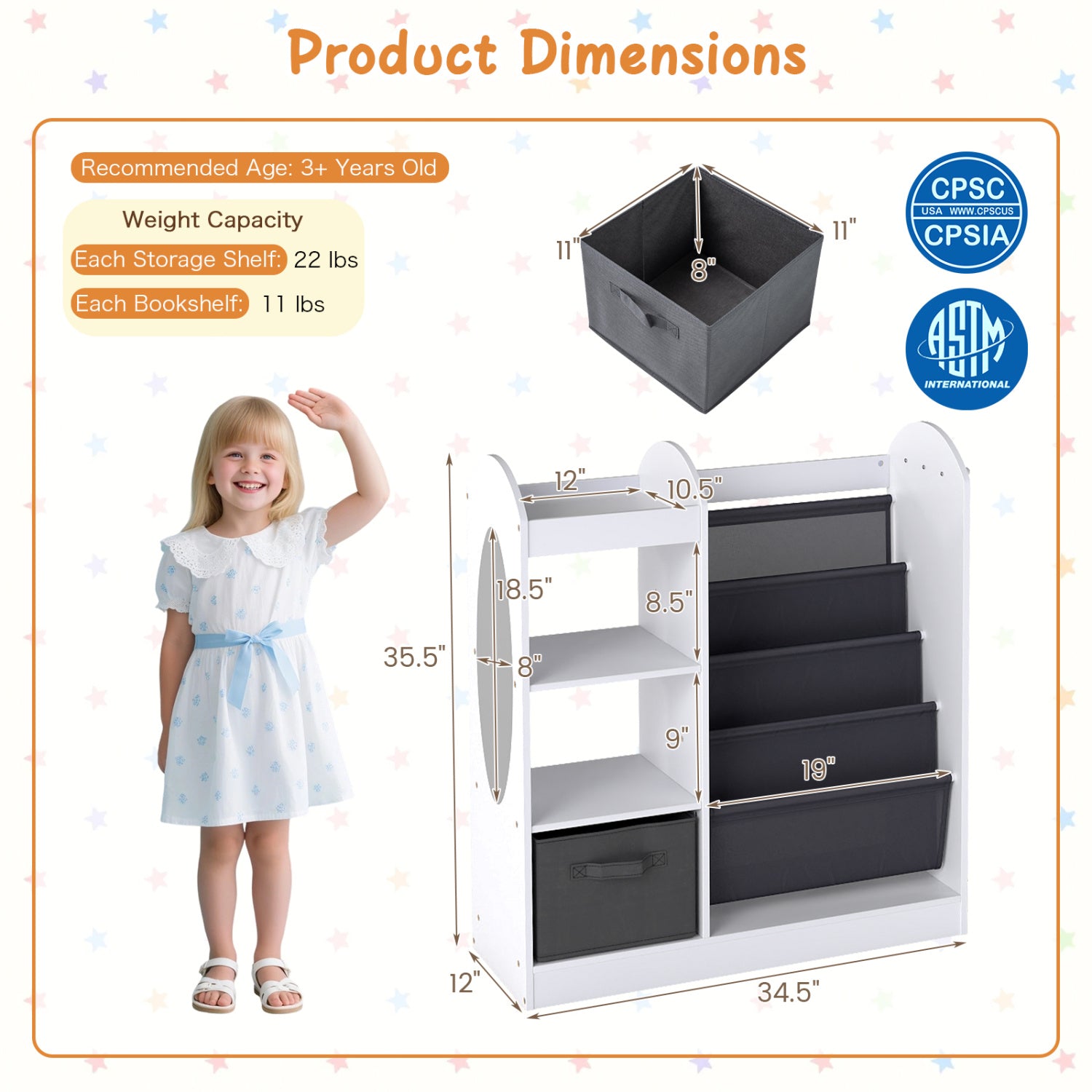 Toy Storage Organizer with 4-Tier Sling Shelves-White