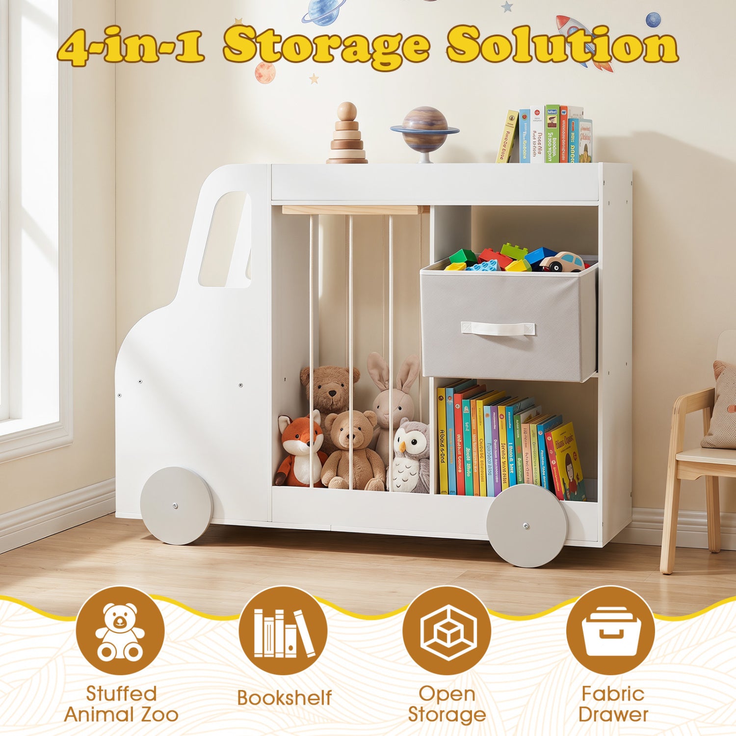 Toy Storage Organizer with Stuffed Animal Storage Fabric Drawer and Universal Wheels-White