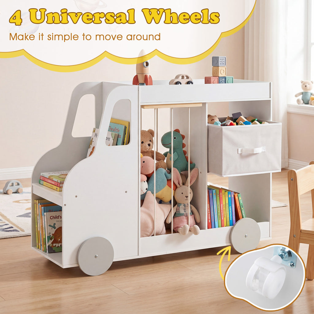 Toy Storage Organizer with Stuffed Animal Storage Fabric Drawer and Universal Wheels-White