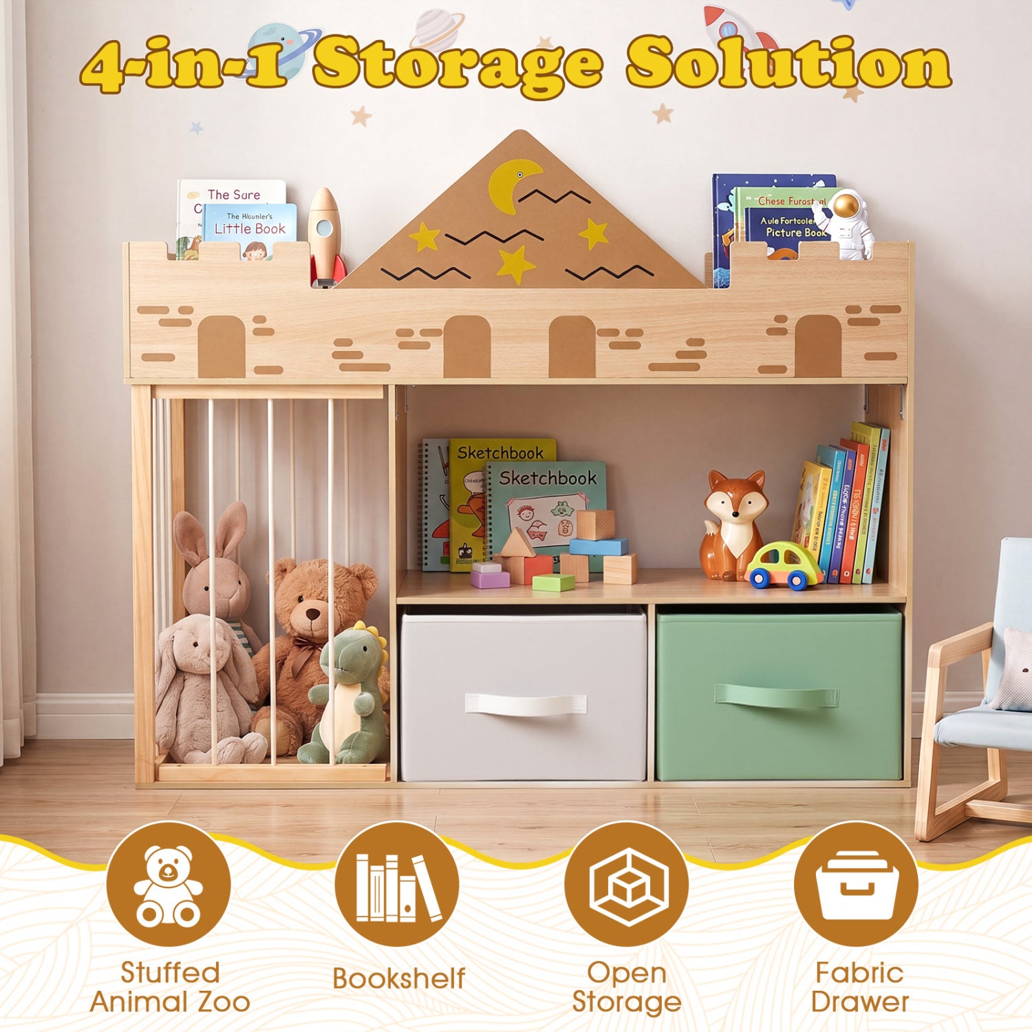 Toy Storage Organizer with Stuffed Animal Storage and Open Shelves-Natural
