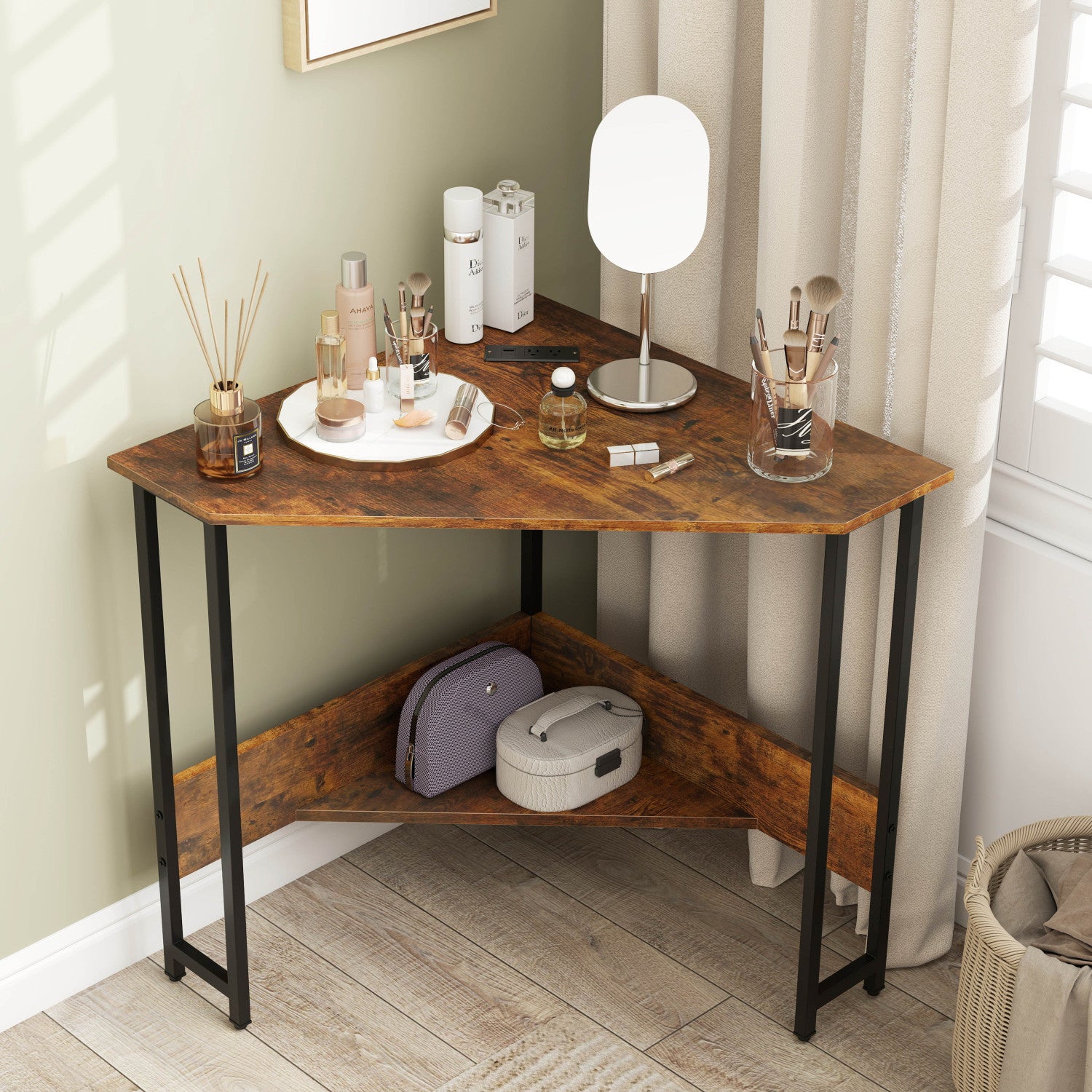Triangle Computer Corner Desk with Charging Station-Rustic Brown