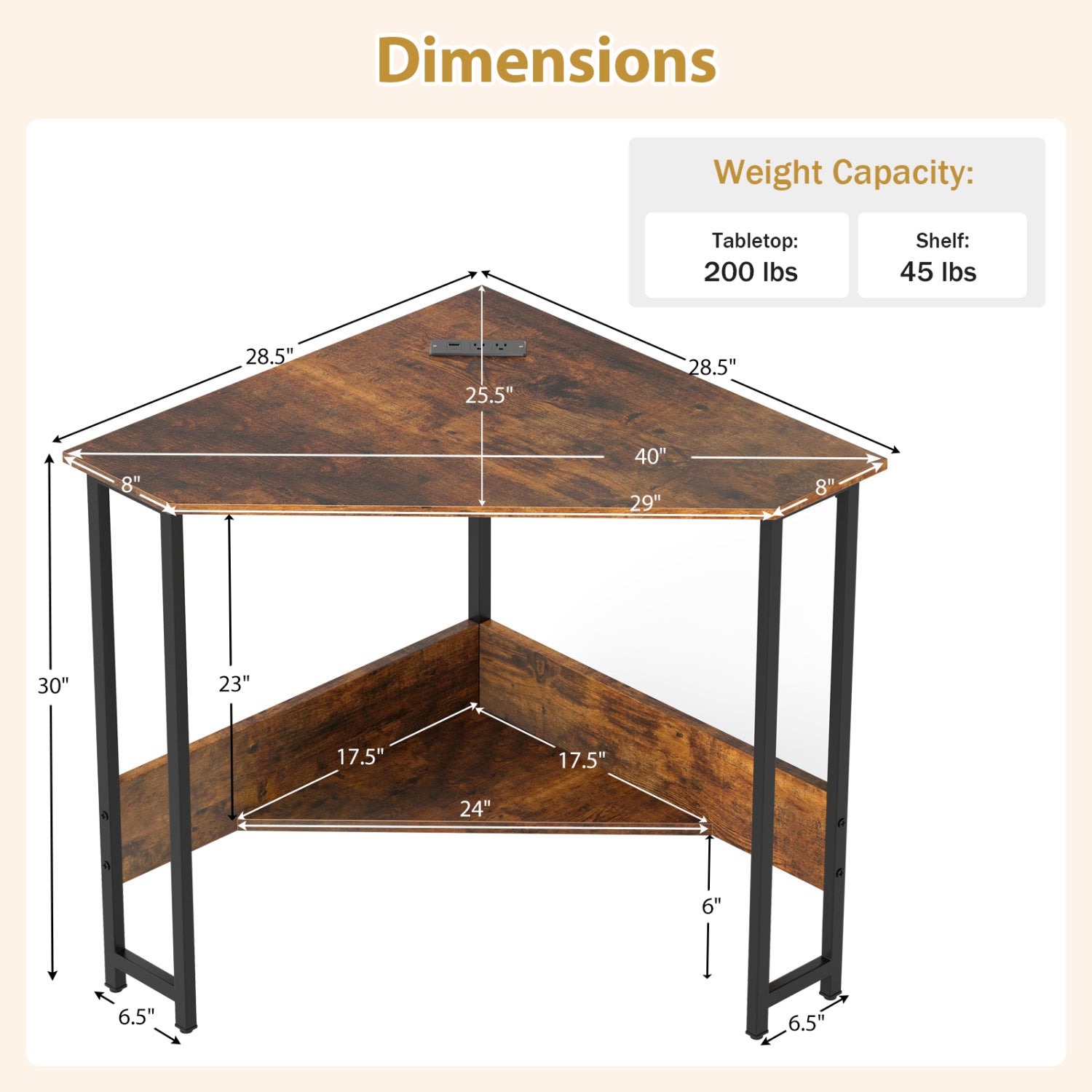 Triangle Computer Corner Desk with Charging Station-Rustic Brown