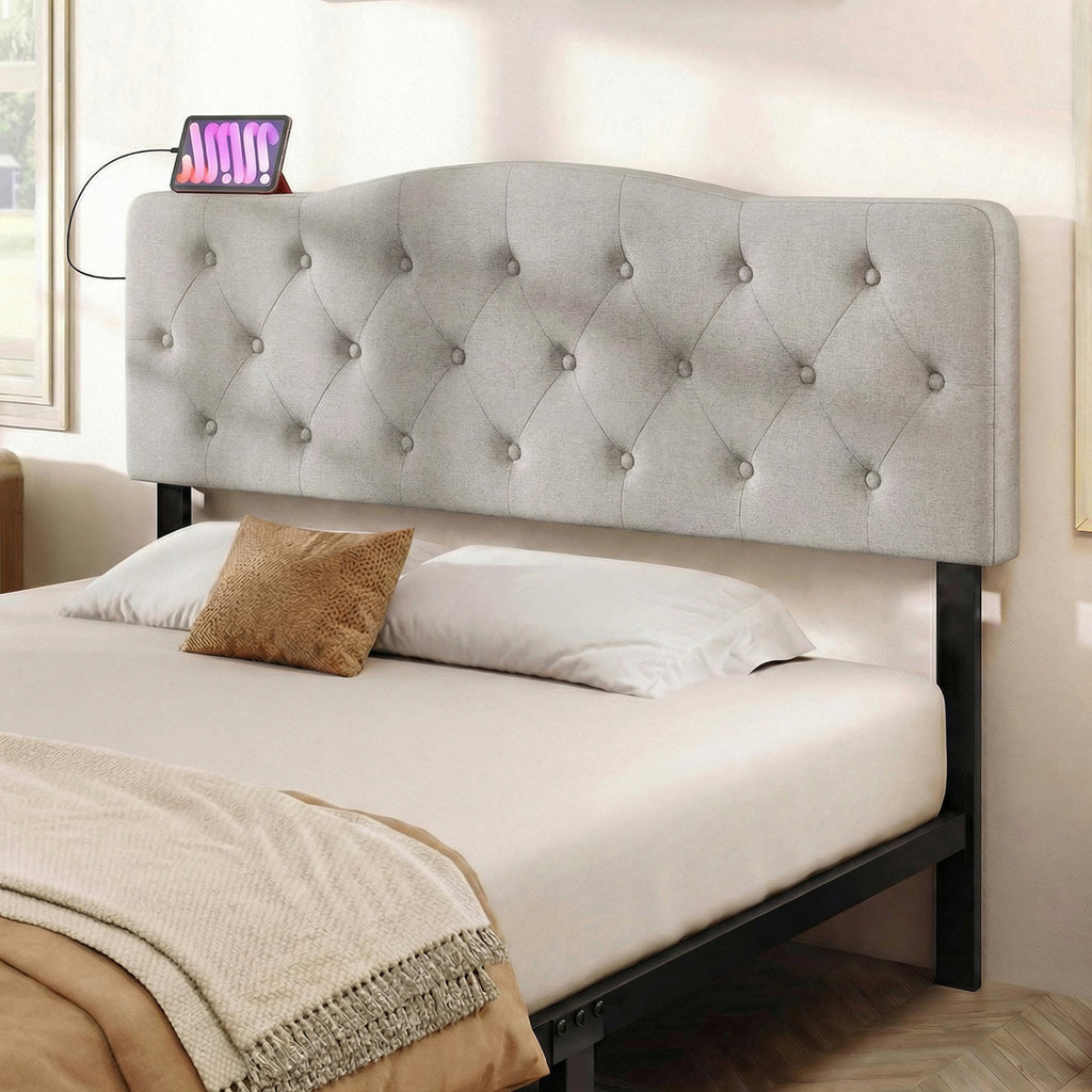 Tufted Upholstered Head Board for Queen and Full Size Bed with 2 AC Outlets-Gray