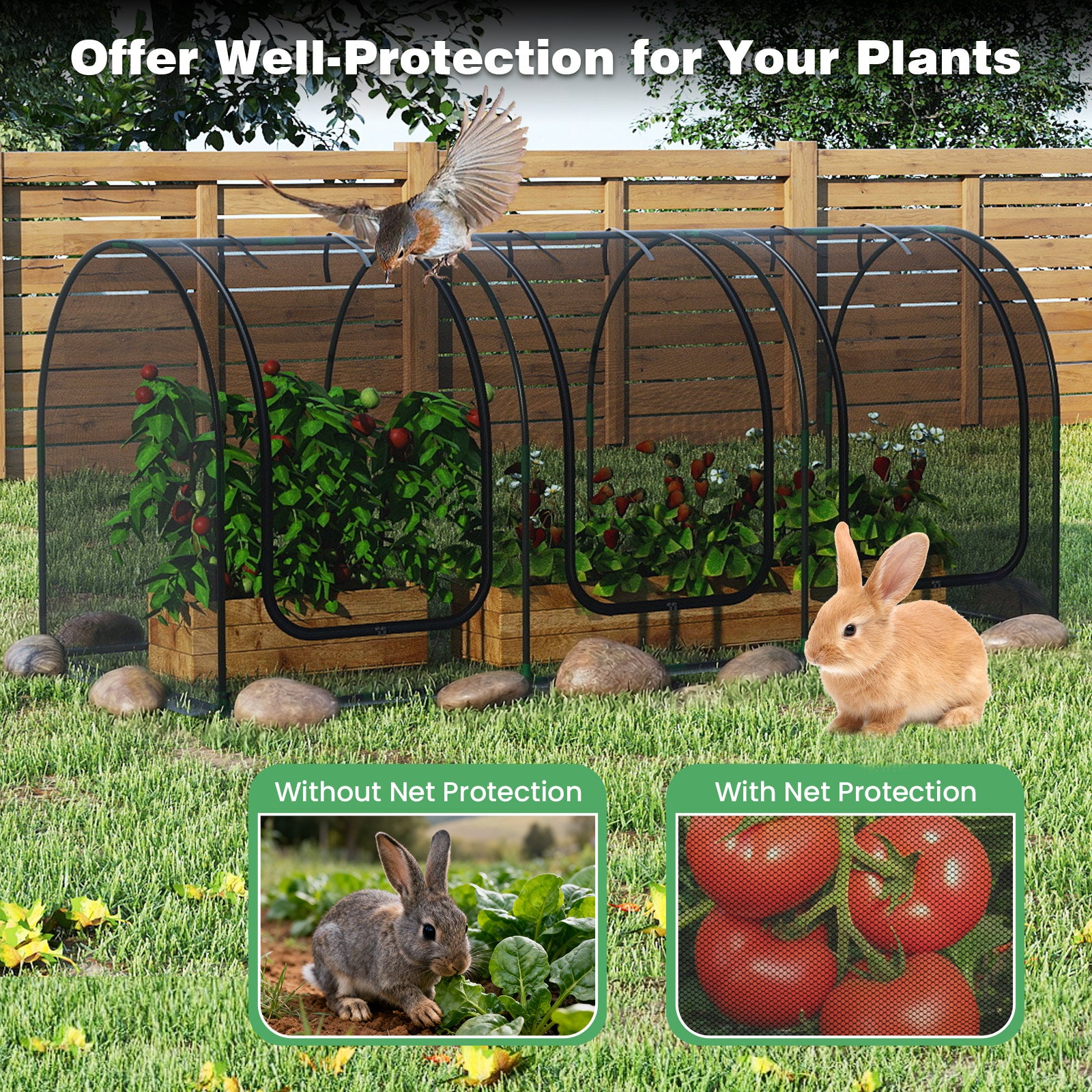 Tente de protection pour plantes grande et portable, en forme de tunnel, avec 3 portes zippées enroulables