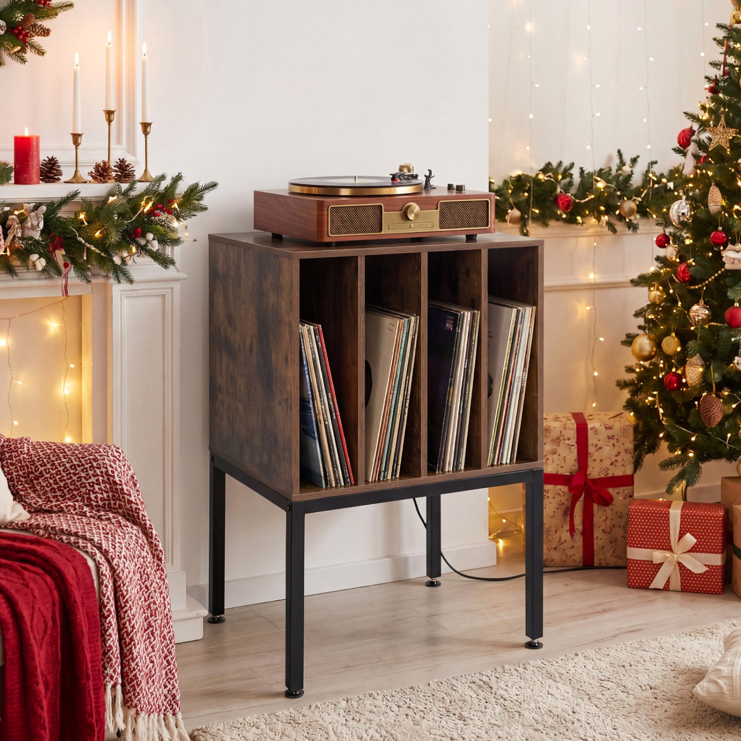 Turntable Record Player Stand with Power Outlets-Rusticbrown