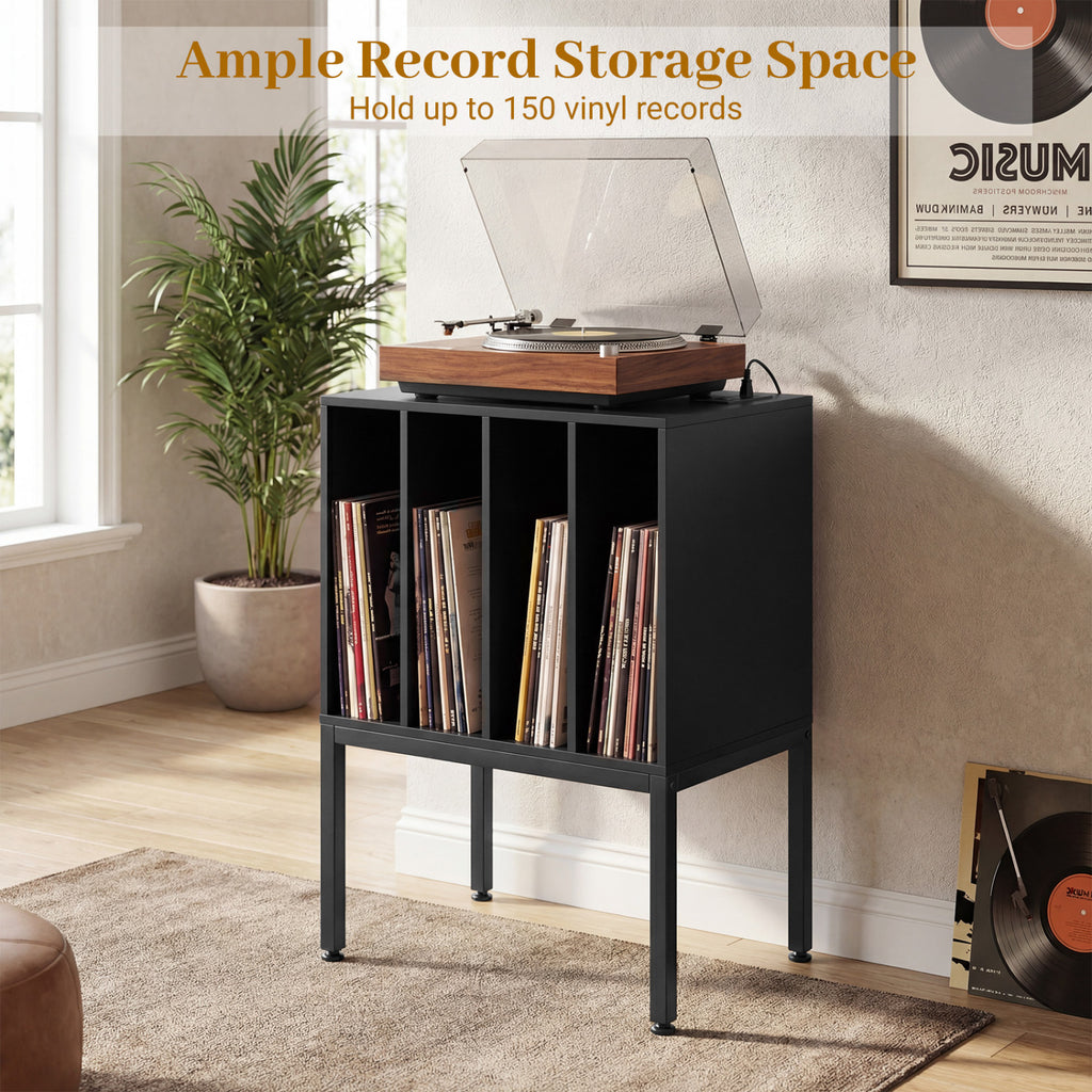Turntable Record Player Stand with Power Outlets-Black