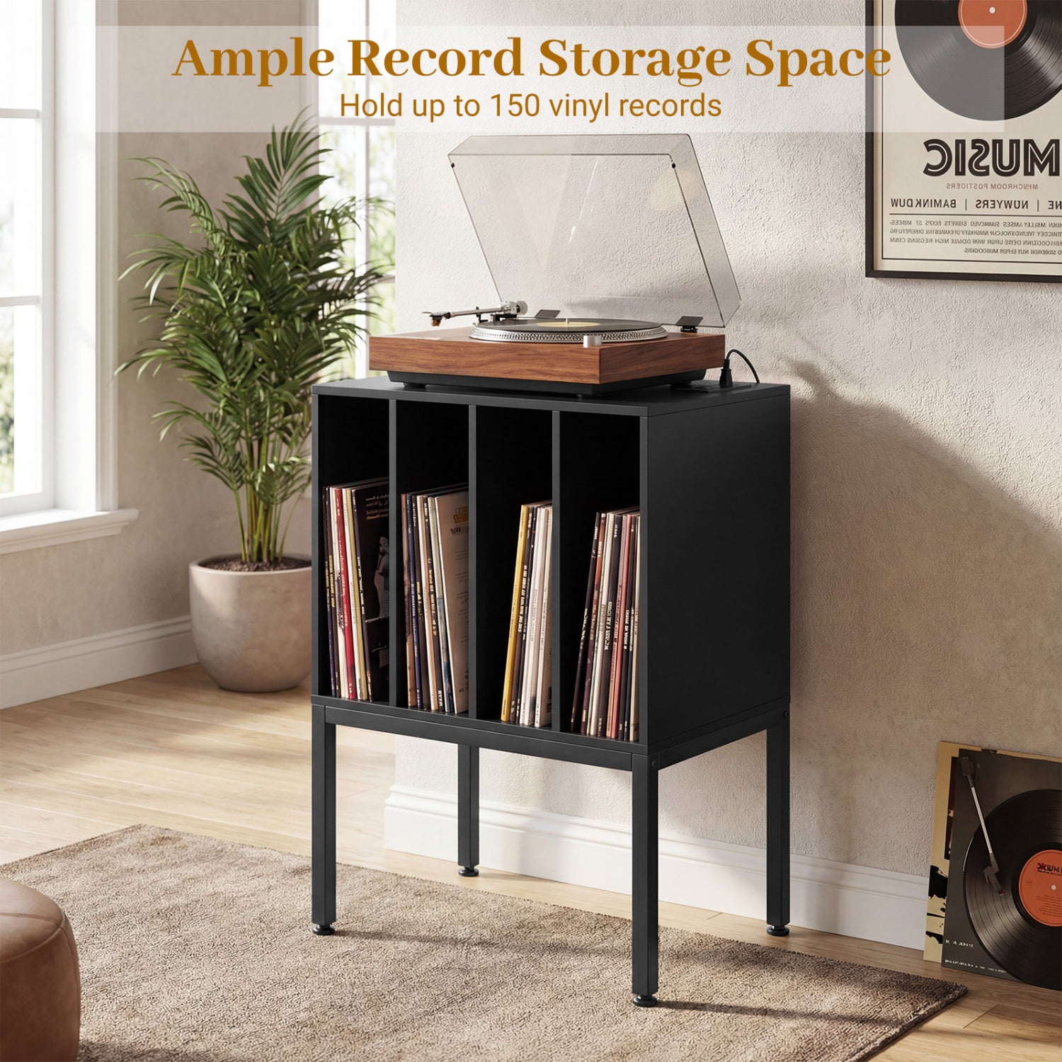 Turntable Record Player Stand with Power Outlets-Black