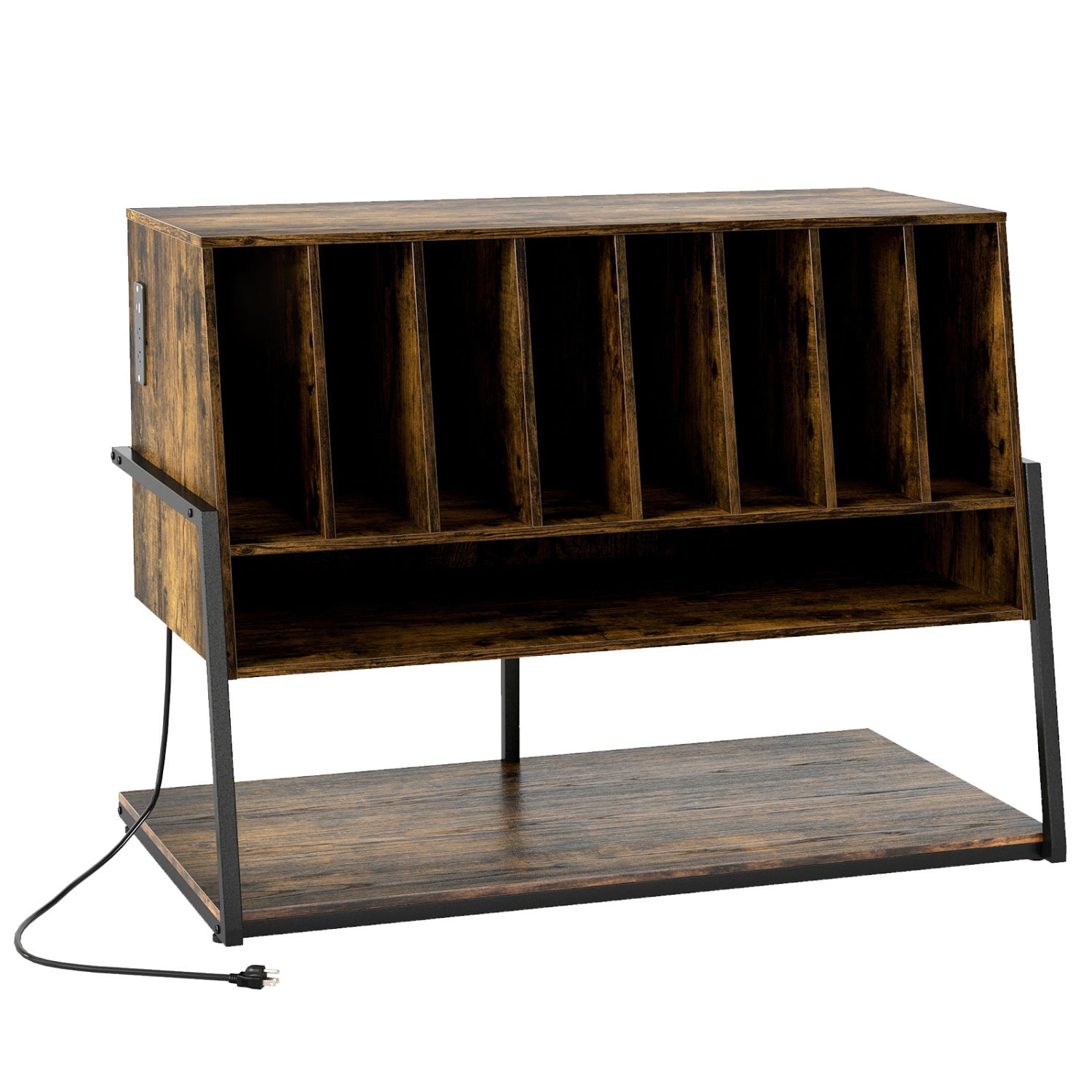 Turntable Stand with Charging Station and Vinyl Storage Shelves-Rustic Brown