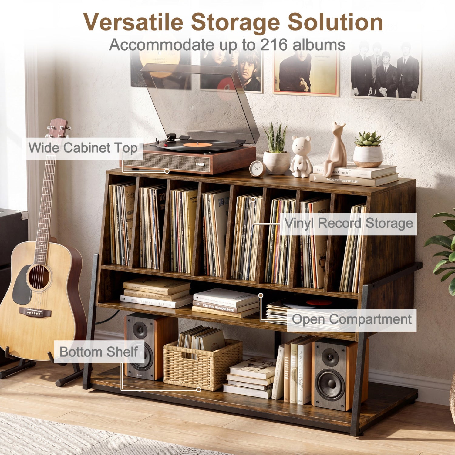 Turntable Stand with Charging Station and Vinyl Storage Shelves-Rustic Brown