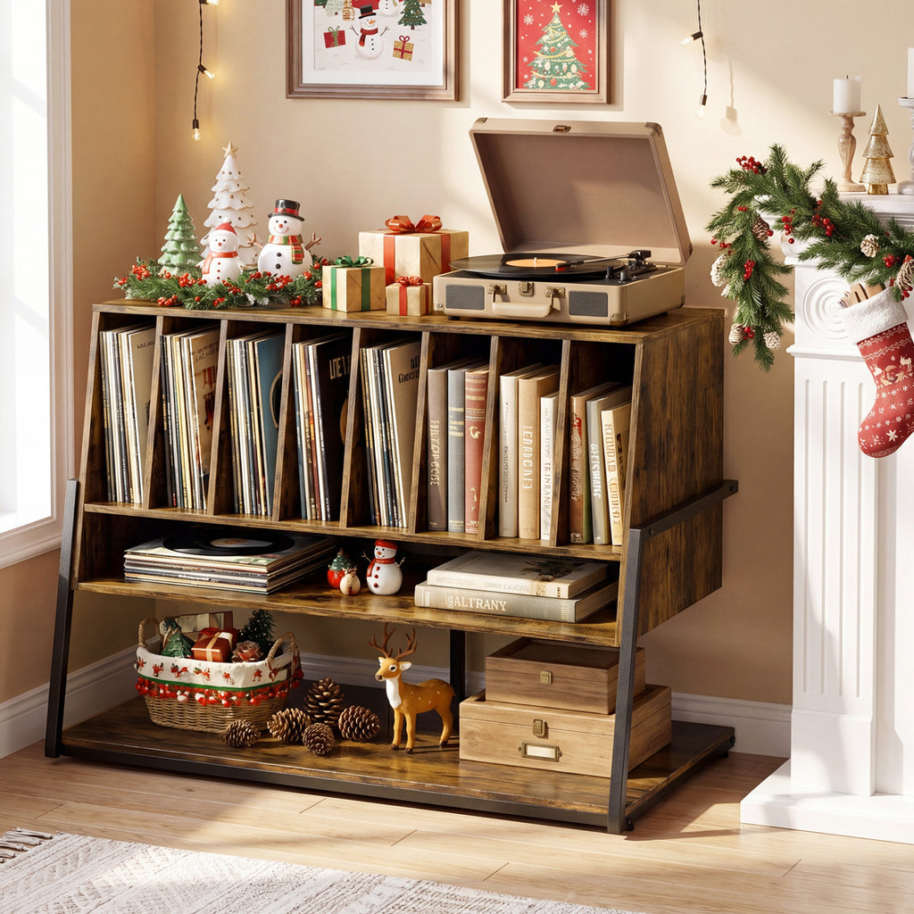 Turntable Stand with Charging Station and Vinyl Storage Shelves-Rustic Brown