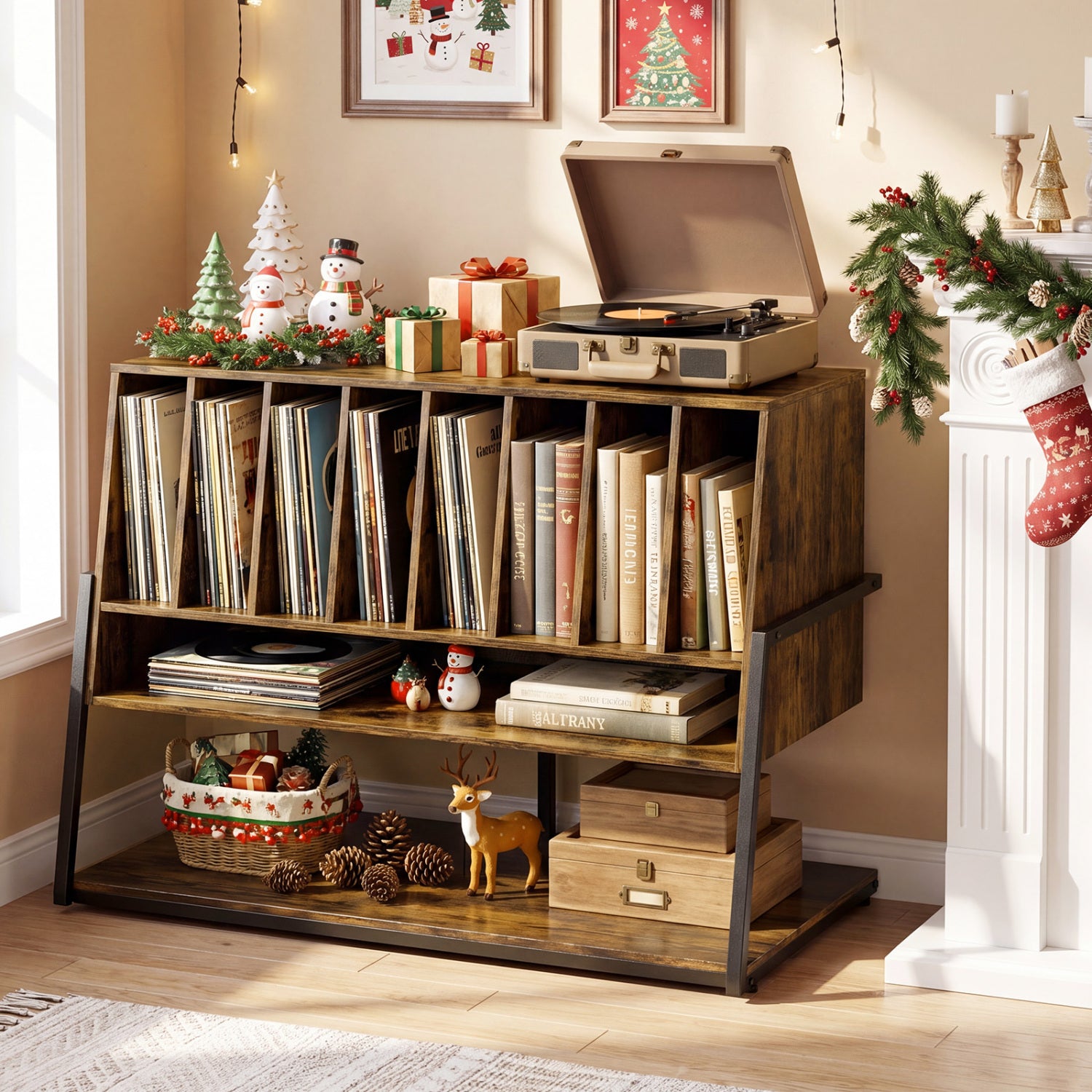 Turntable Stand with Charging Station and Vinyl Storage Shelves-Rustic Brown