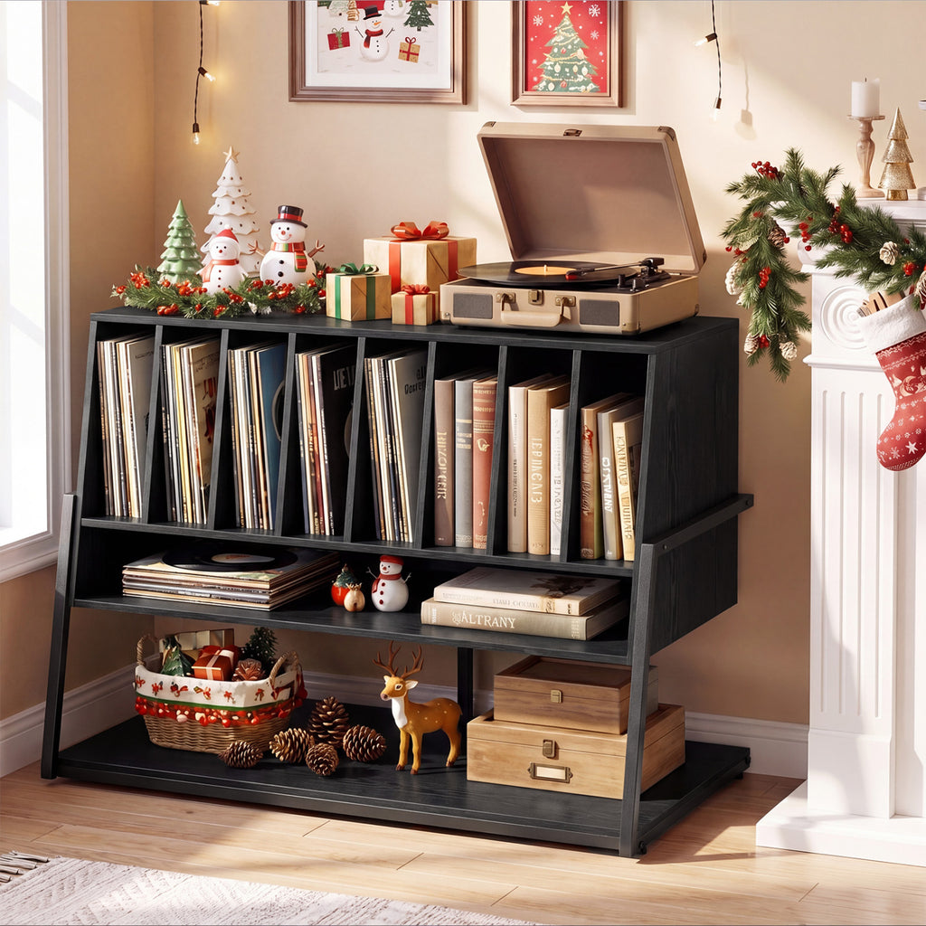 Turntable Stand with Charging Station and Vinyl Storage Shelves-Black
