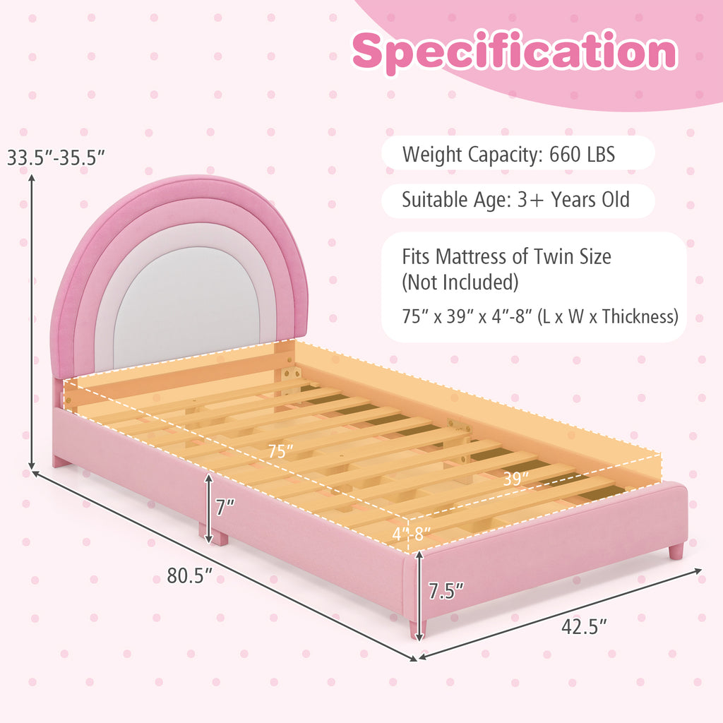 Twin Bed Frame with Height-Adjustable Headboard and Sturdy Wooden Slats-White & Pink