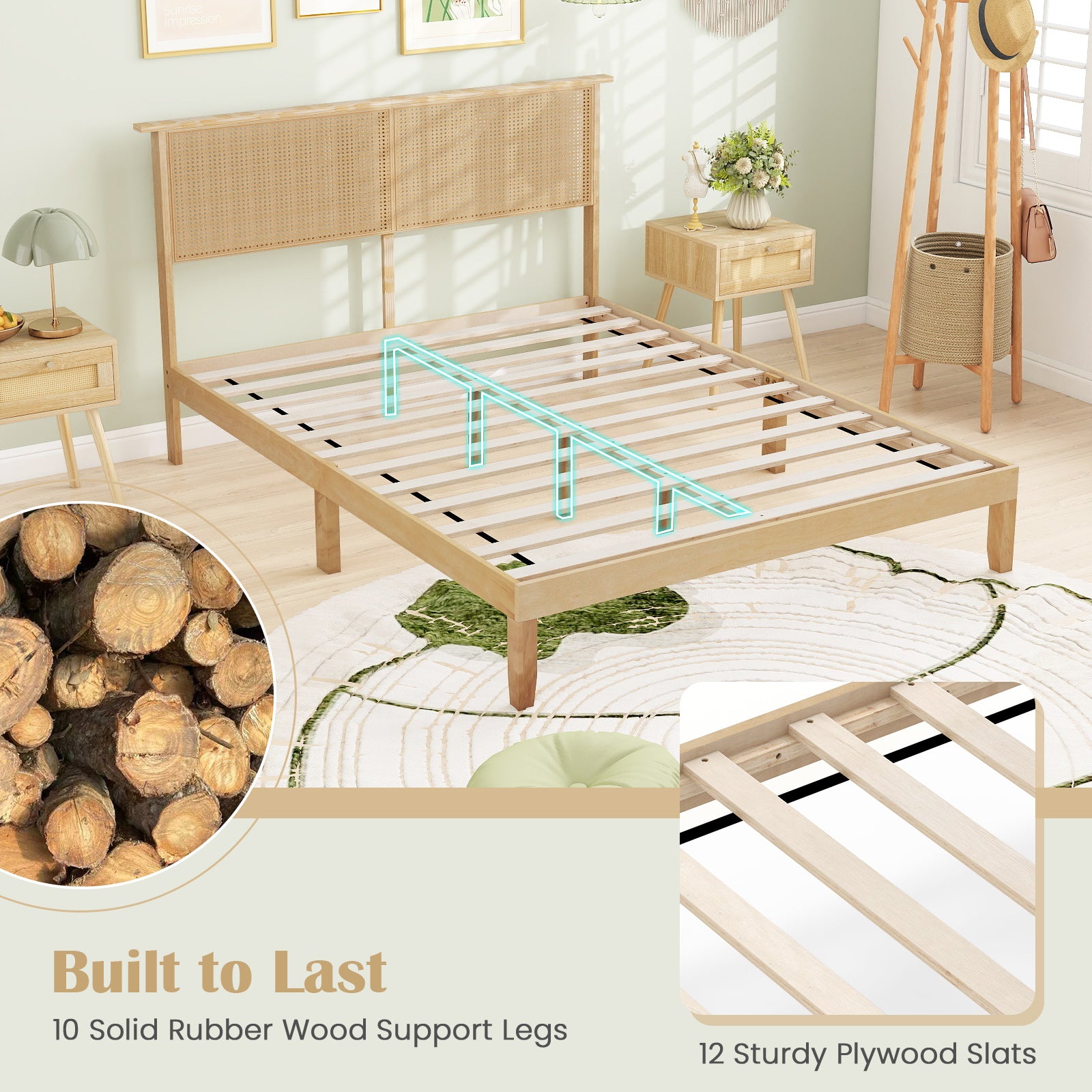 Twin/Full/Queen Size Bed Frame with Rattan Headboard-Queen Size