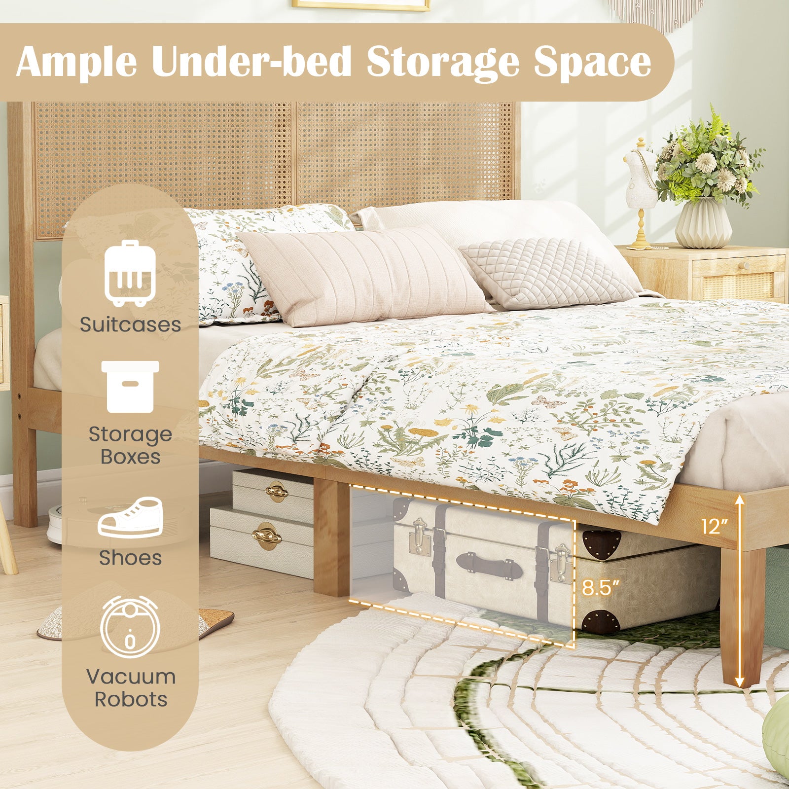 Twin/Full/Queen Size Bed Frame with Rattan Headboard-Queen Size